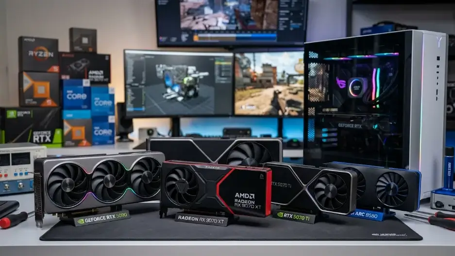 Gaming benchmark performance chart comparing frame rates of Nvidia Blackwell and AMD RDNA four cards at fourteen forty p resolution