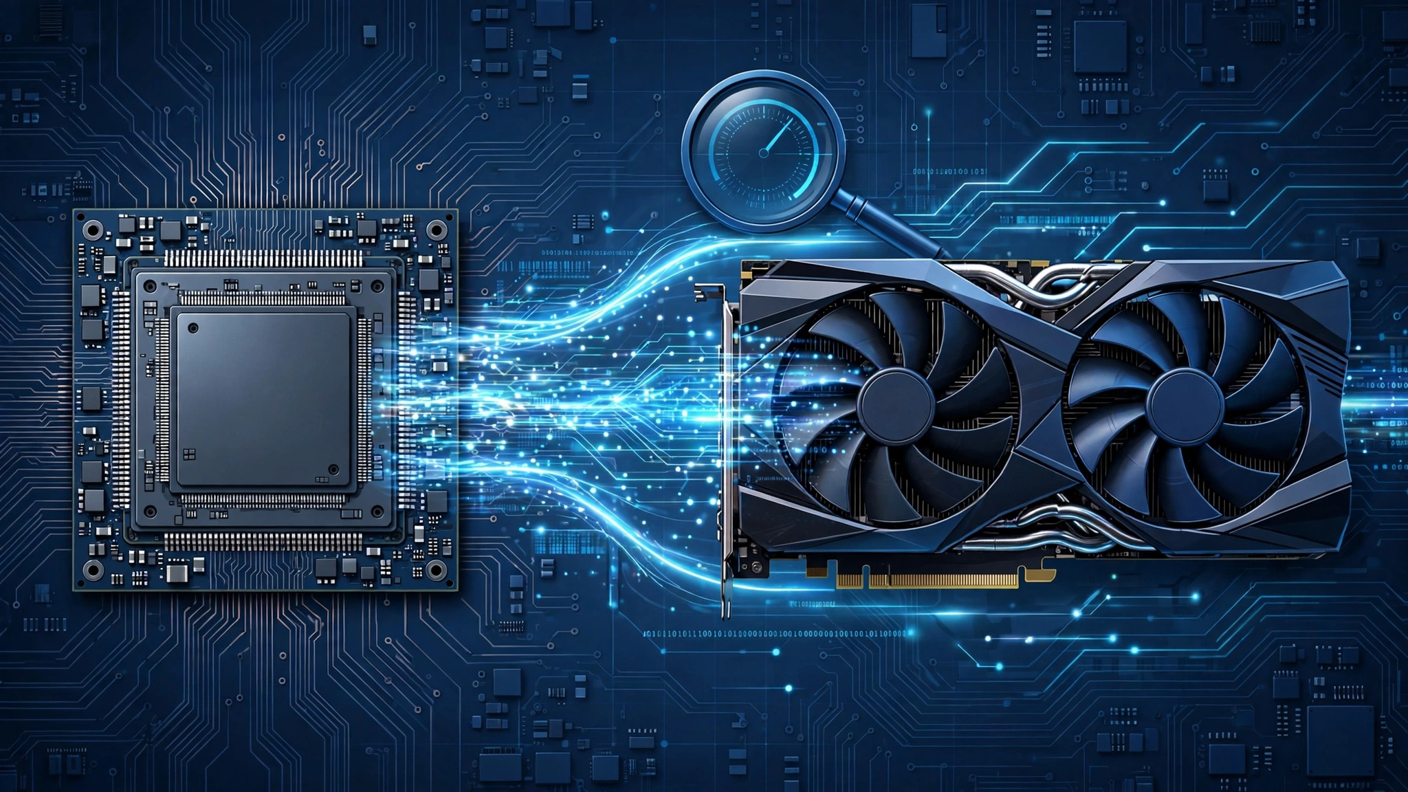 CPU and GPU bottleneck calculator illustration showing processor and graphics card performance balance