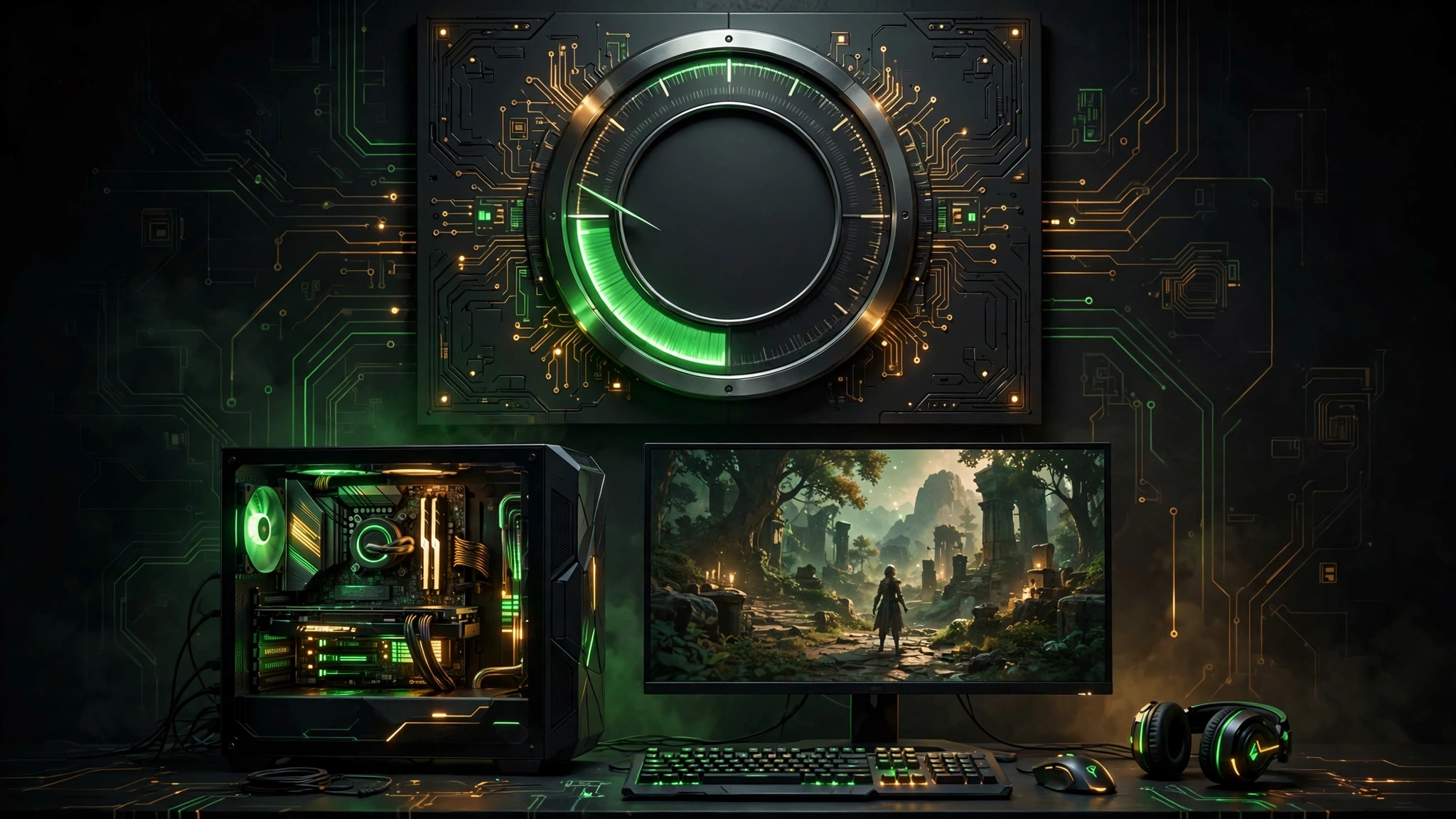 Bottleneck percentage gauge in green zone above a gaming PC setup