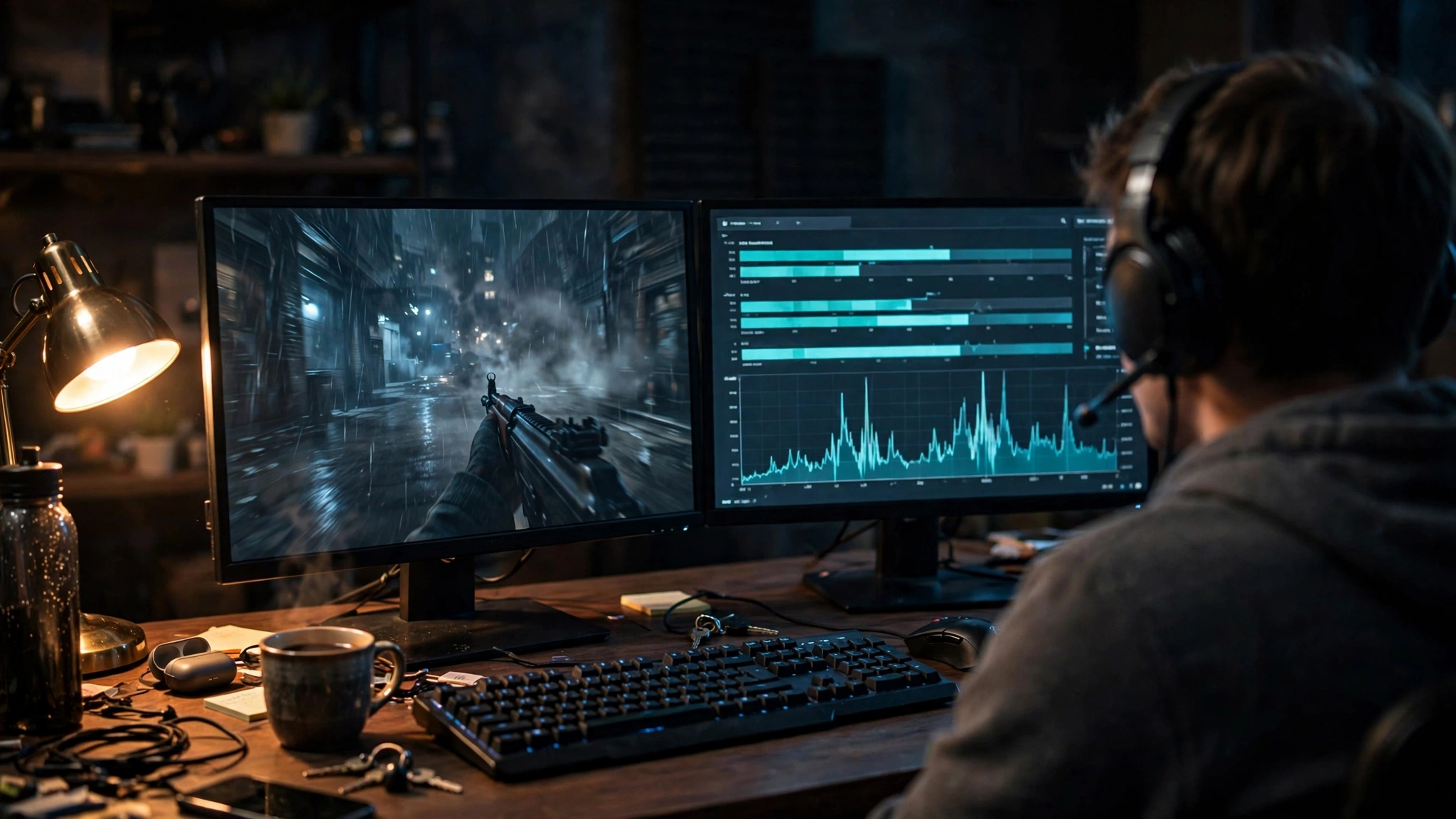 Gamer checking CPU and GPU usage on a second monitor with frametime graph while gaming