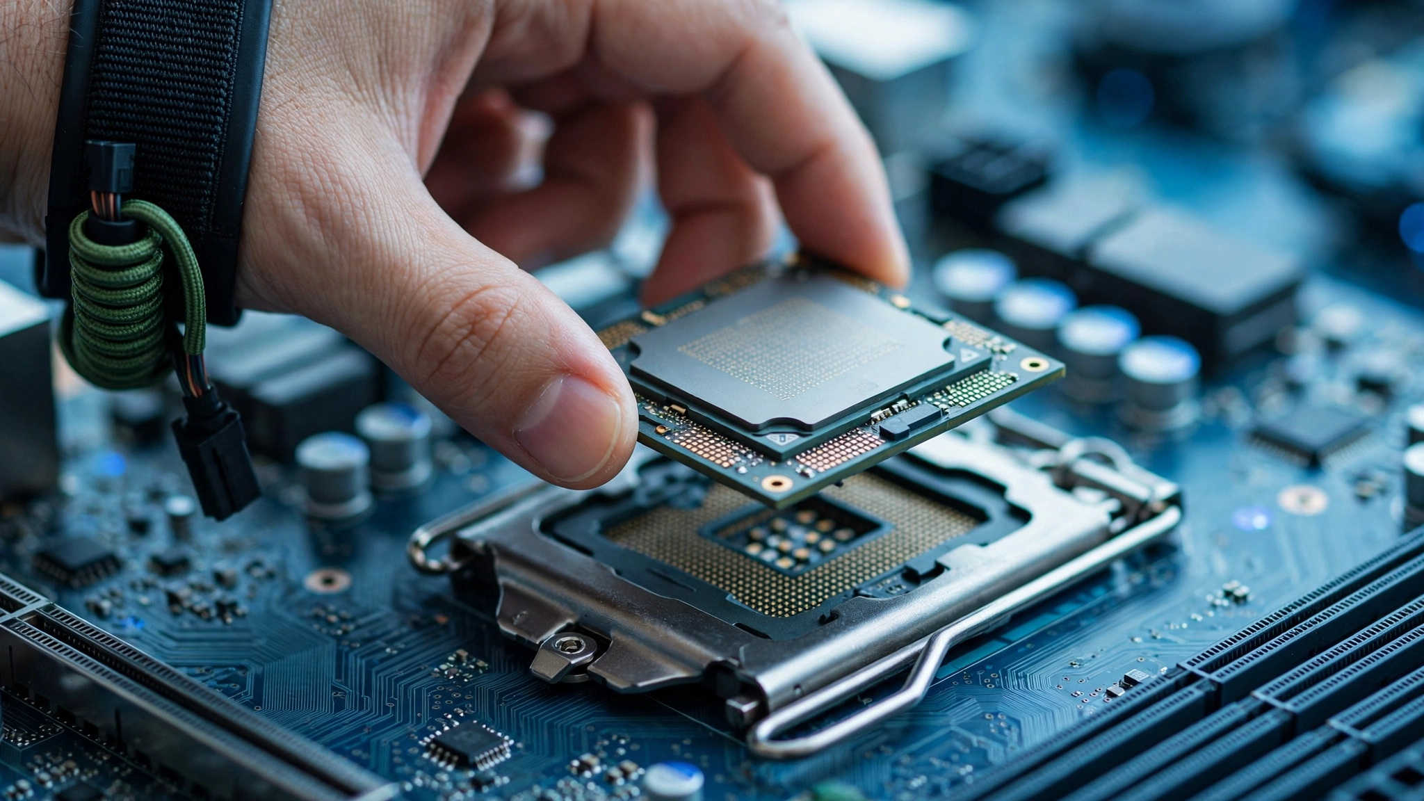 Close-up of a CPU being installed into a motherboard socket