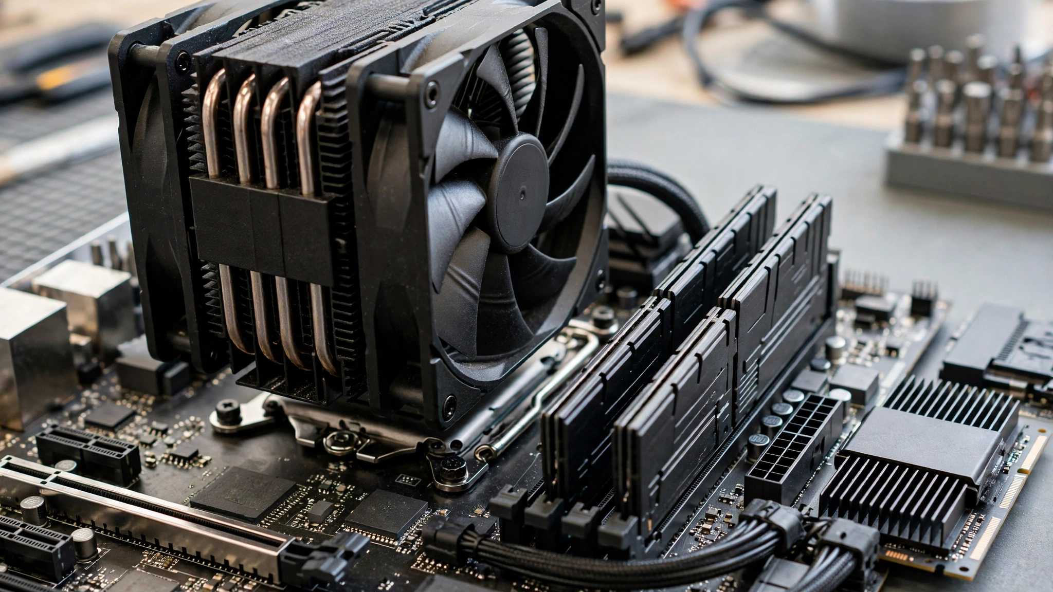 AM5 motherboard with DDR5 memory installed for a Ryzen X3D gaming build