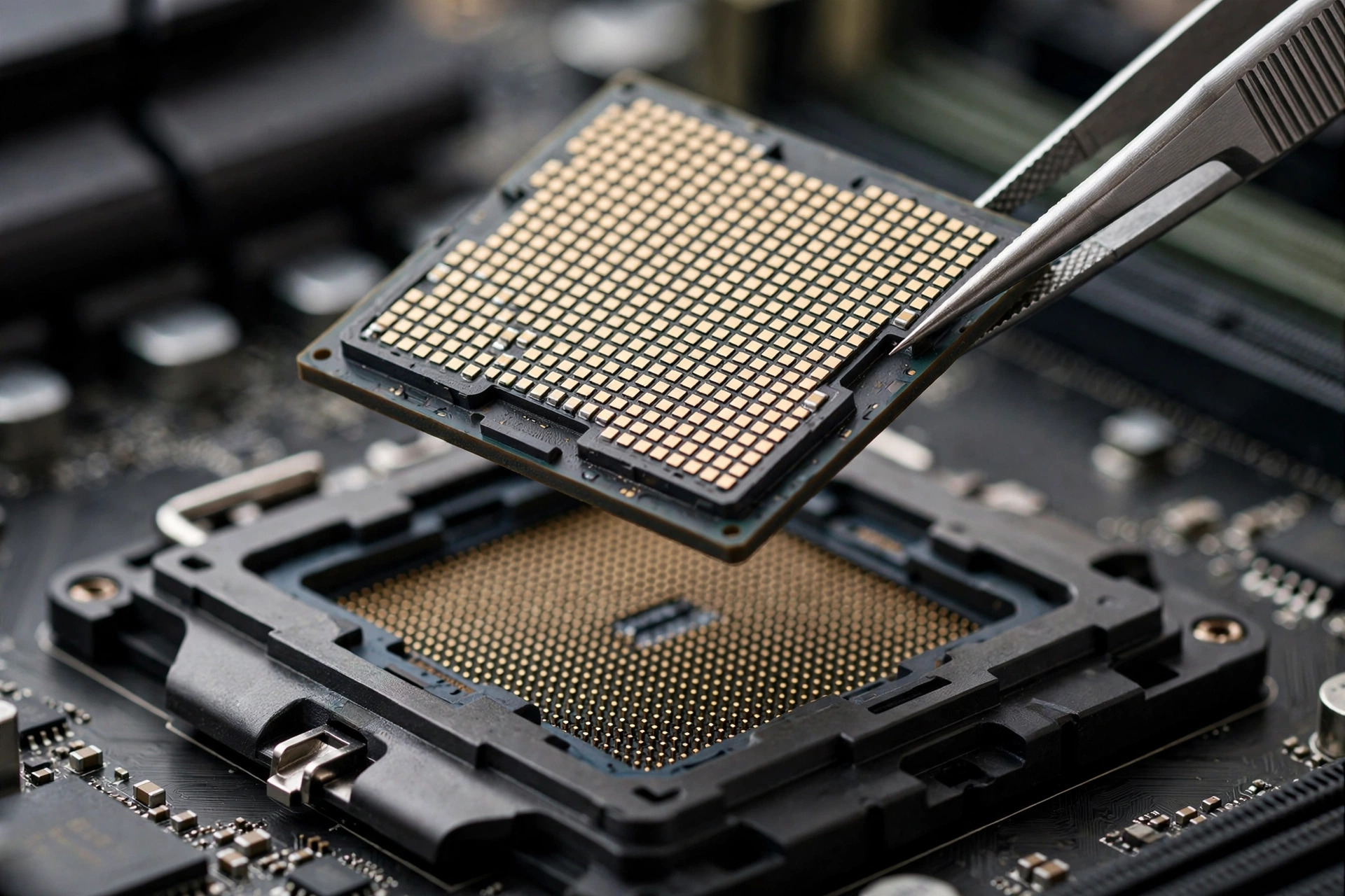 Close-up of a Ryzen CPU being installed into an AM5 motherboard socket with tweezers
