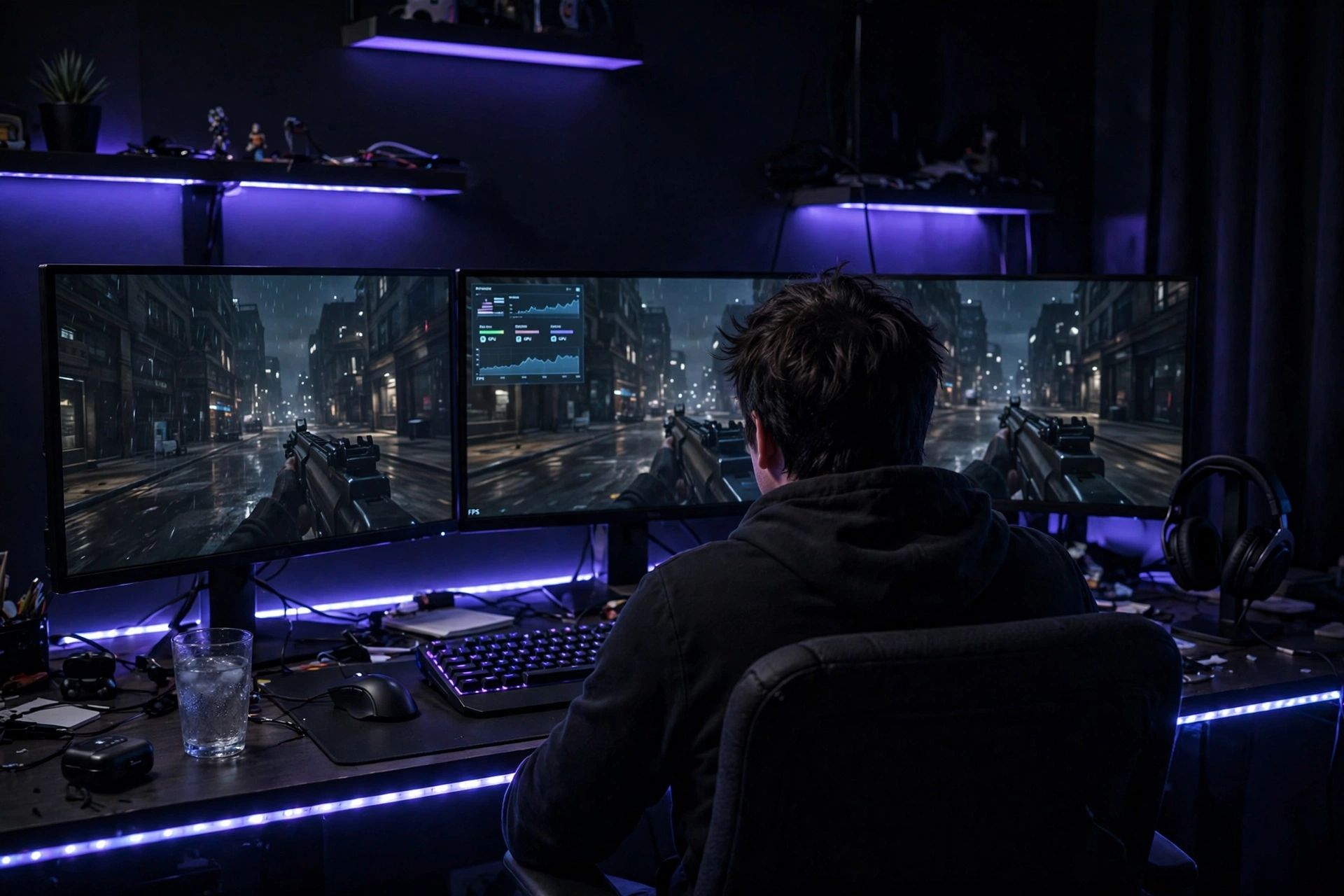 Gamer monitoring FPS and GPU usage overlay on a triple-monitor PC setup