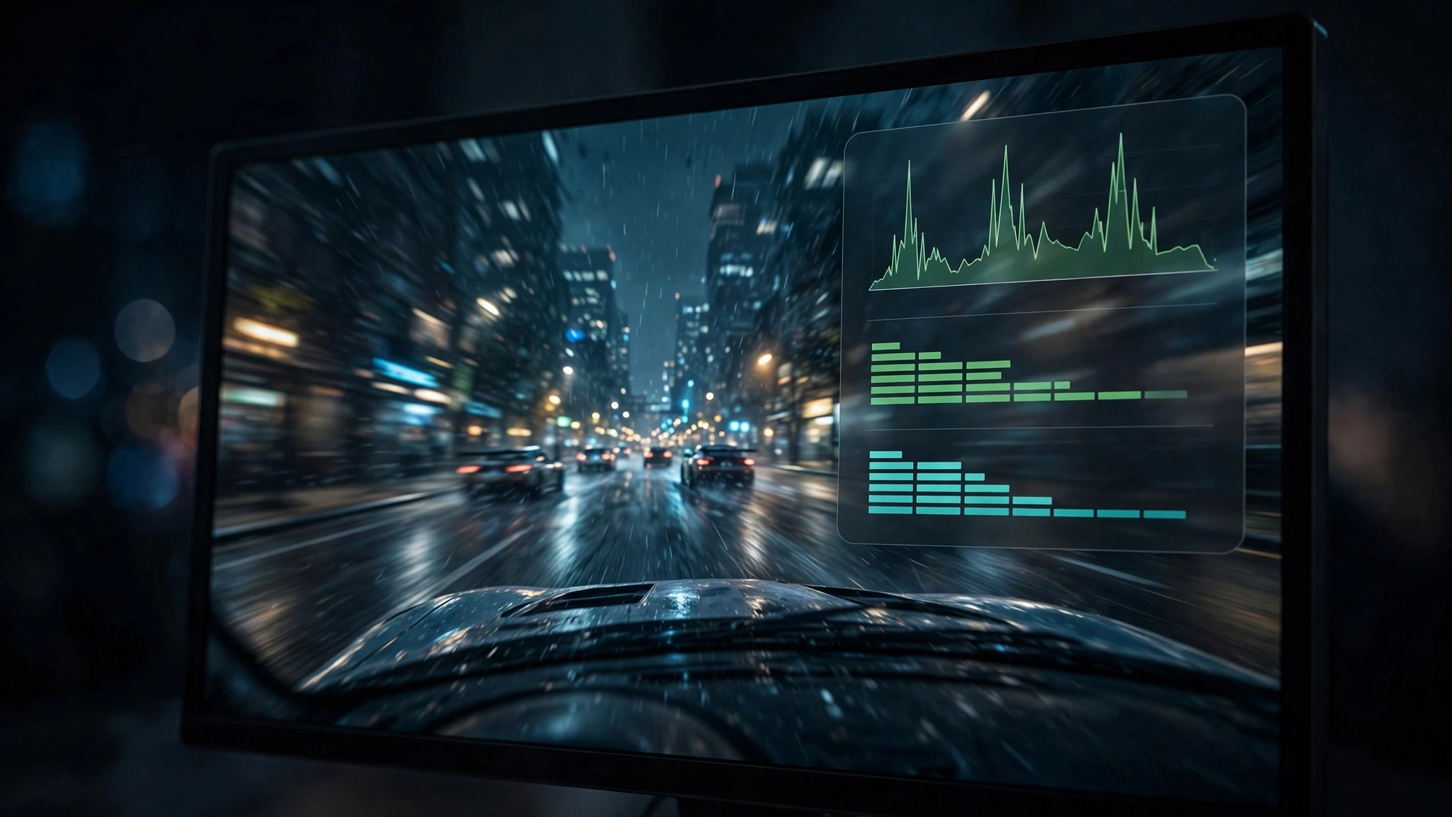 Frametime graph overlay on a game screen showing performance monitoring during benchmark testing