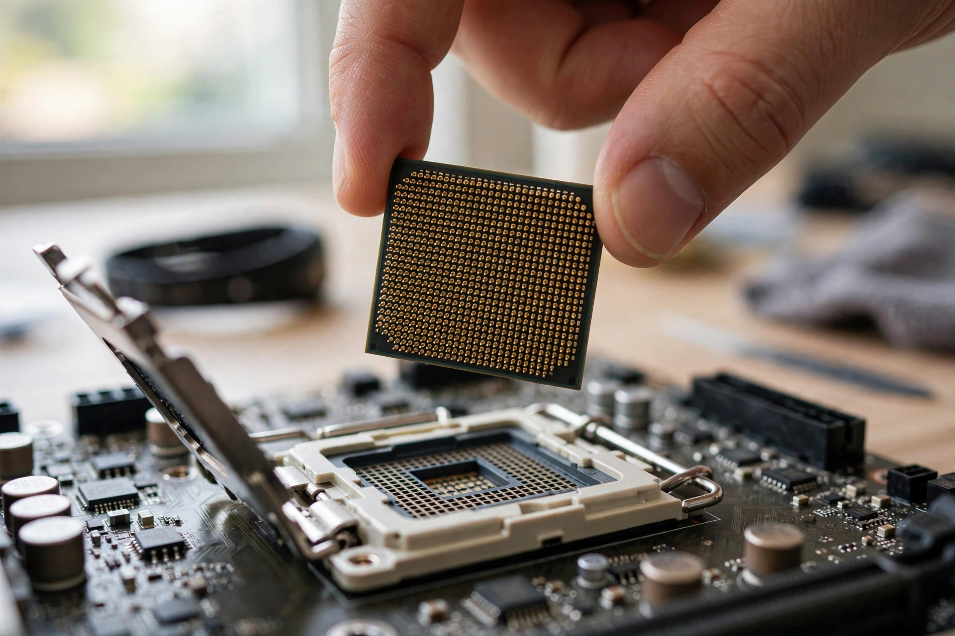 Close-up of a CPU being installed into a motherboard socket during a budget PC build