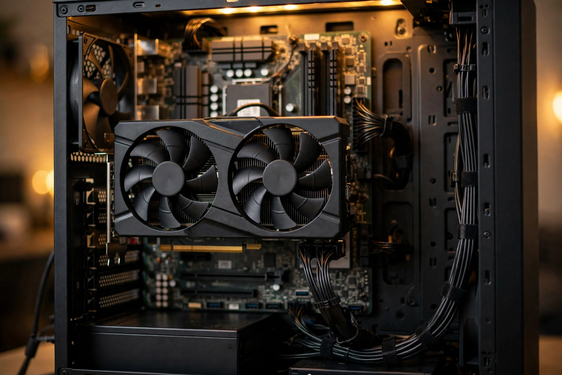 Budget dual-fan graphics card installed inside an open PC case