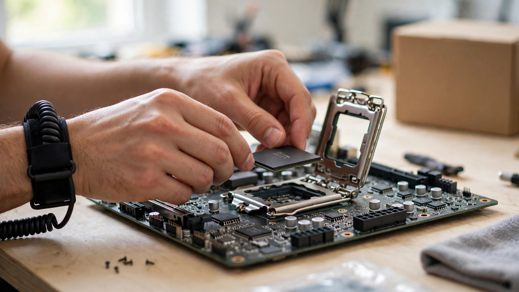 Installing a CPU into a motherboard socket for an RTX 5070 Ti gaming PC build