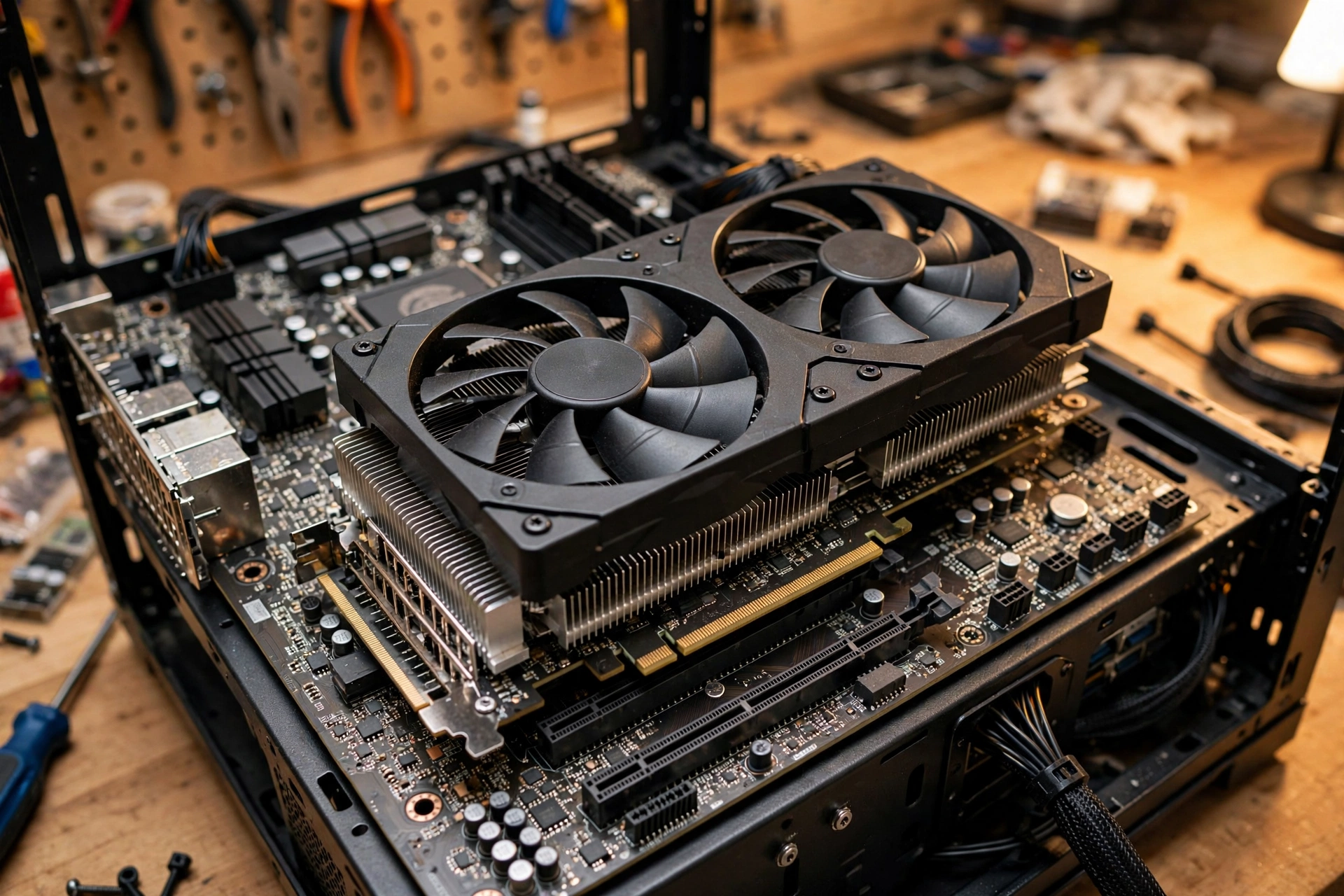 AMD Radeon RX 9070 graphics card installed on a motherboard next to a Ryzen CPU box