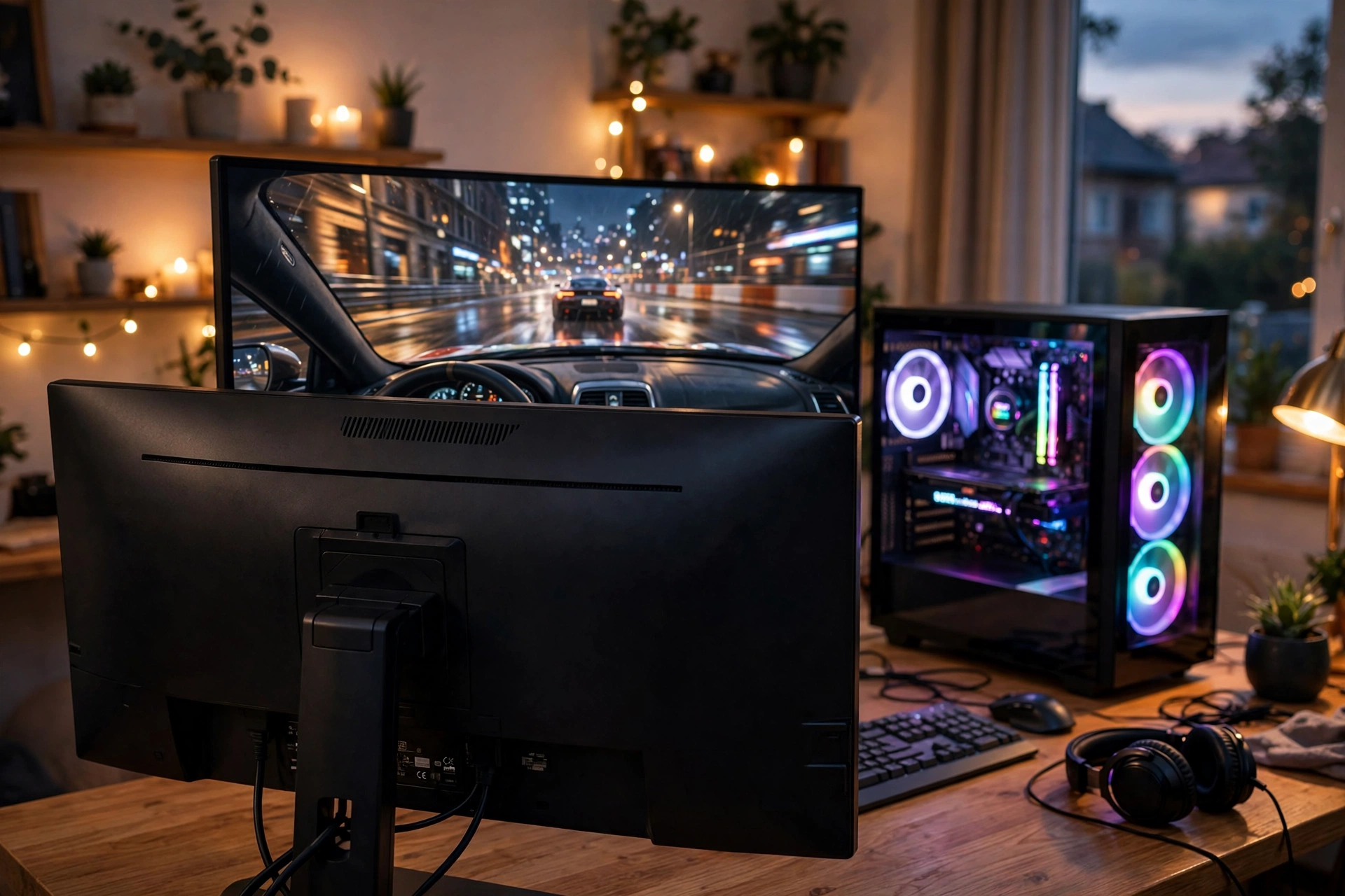 1440p gaming battlestation built around an RX 9070 PC viewed from behind the monitor