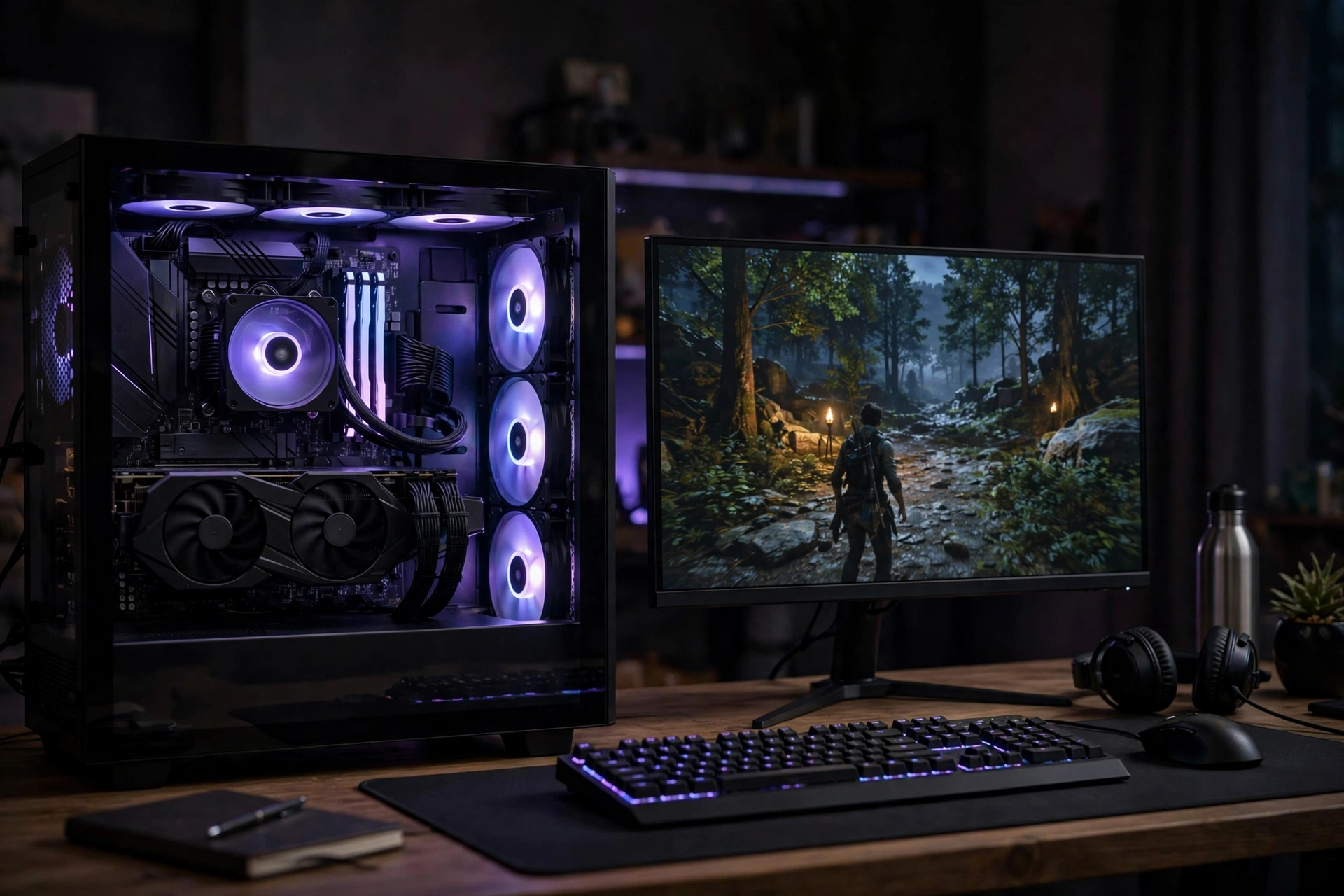 Completed gaming PC build with Ryzen 5 5600 and mid-range GPU running a game at 1440p