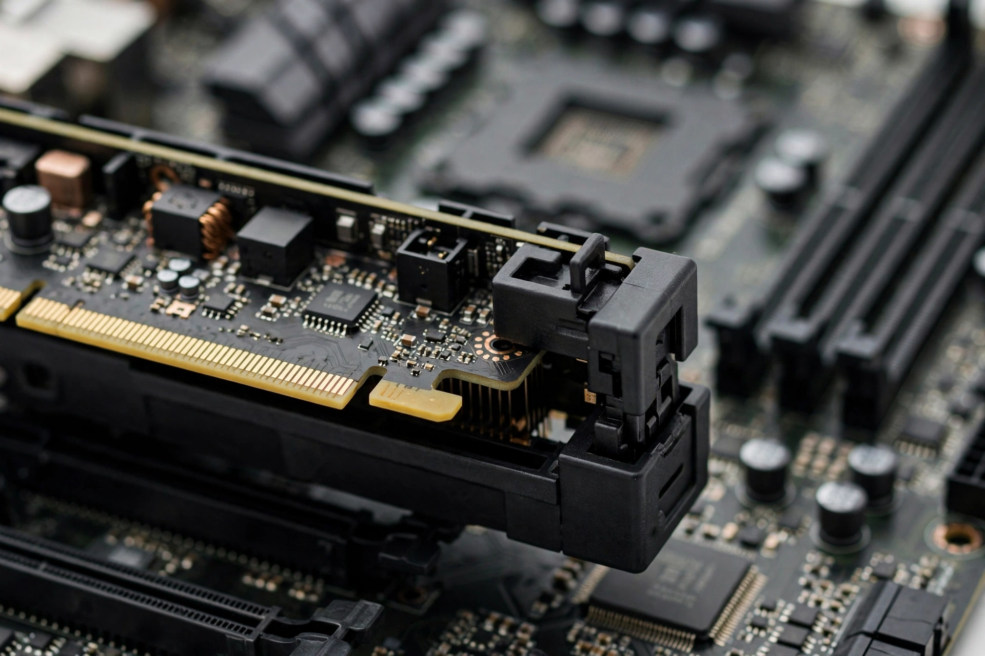 Graphics card installed in a PCIe slot showing lane width on an AM4 motherboard