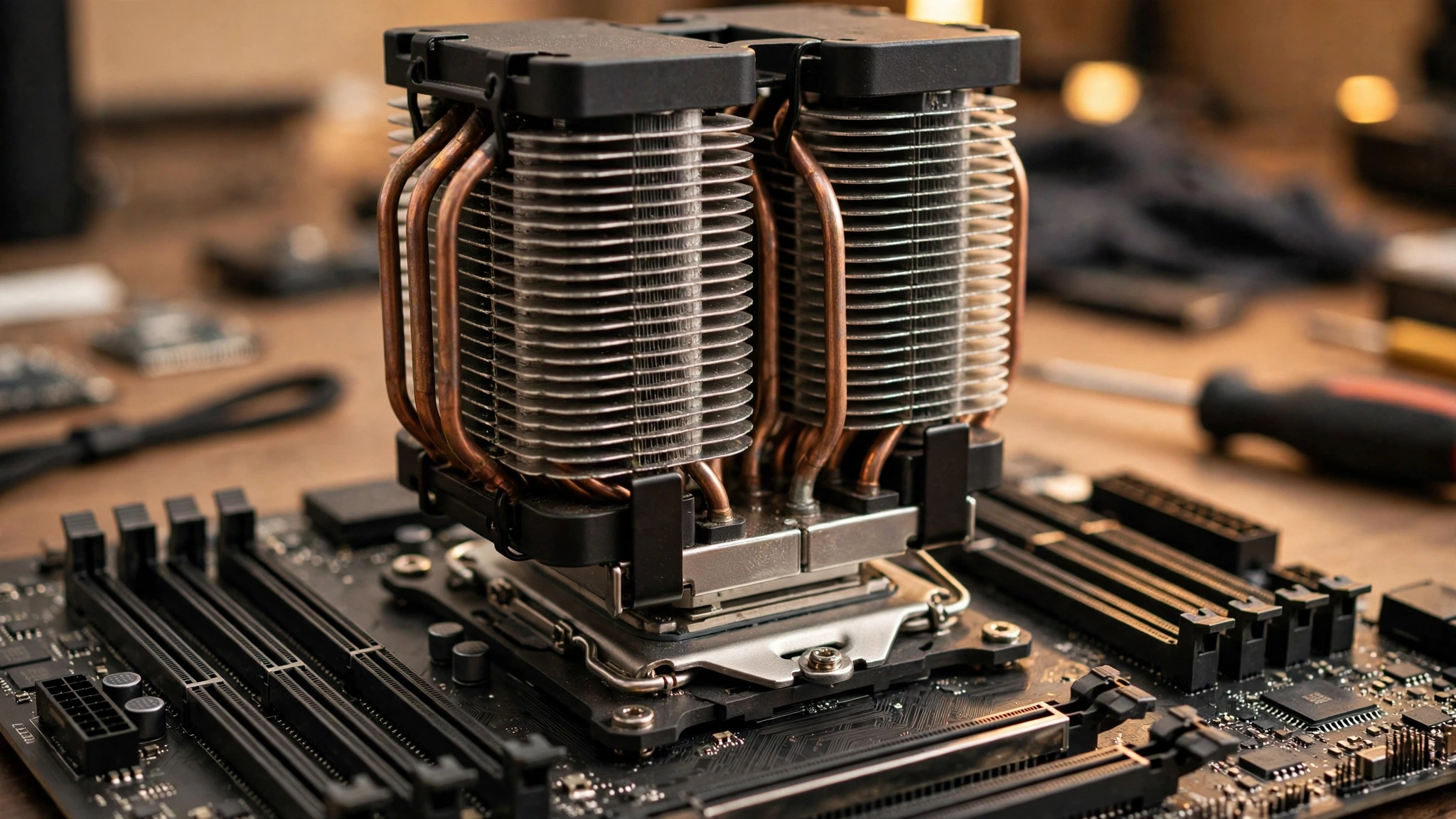 Ryzen 7 7800X3D AM5 CPU installed on a motherboard with a dual tower air cooler