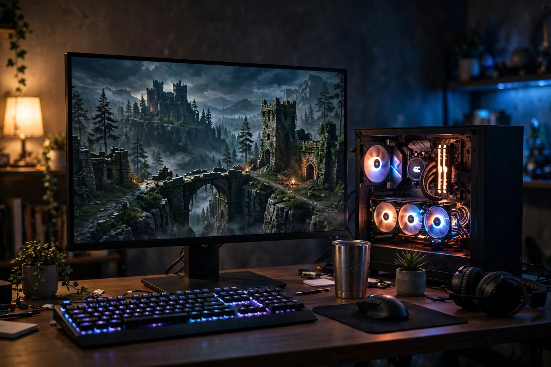 4K gaming setup with a high end GPU running a demanding PC game