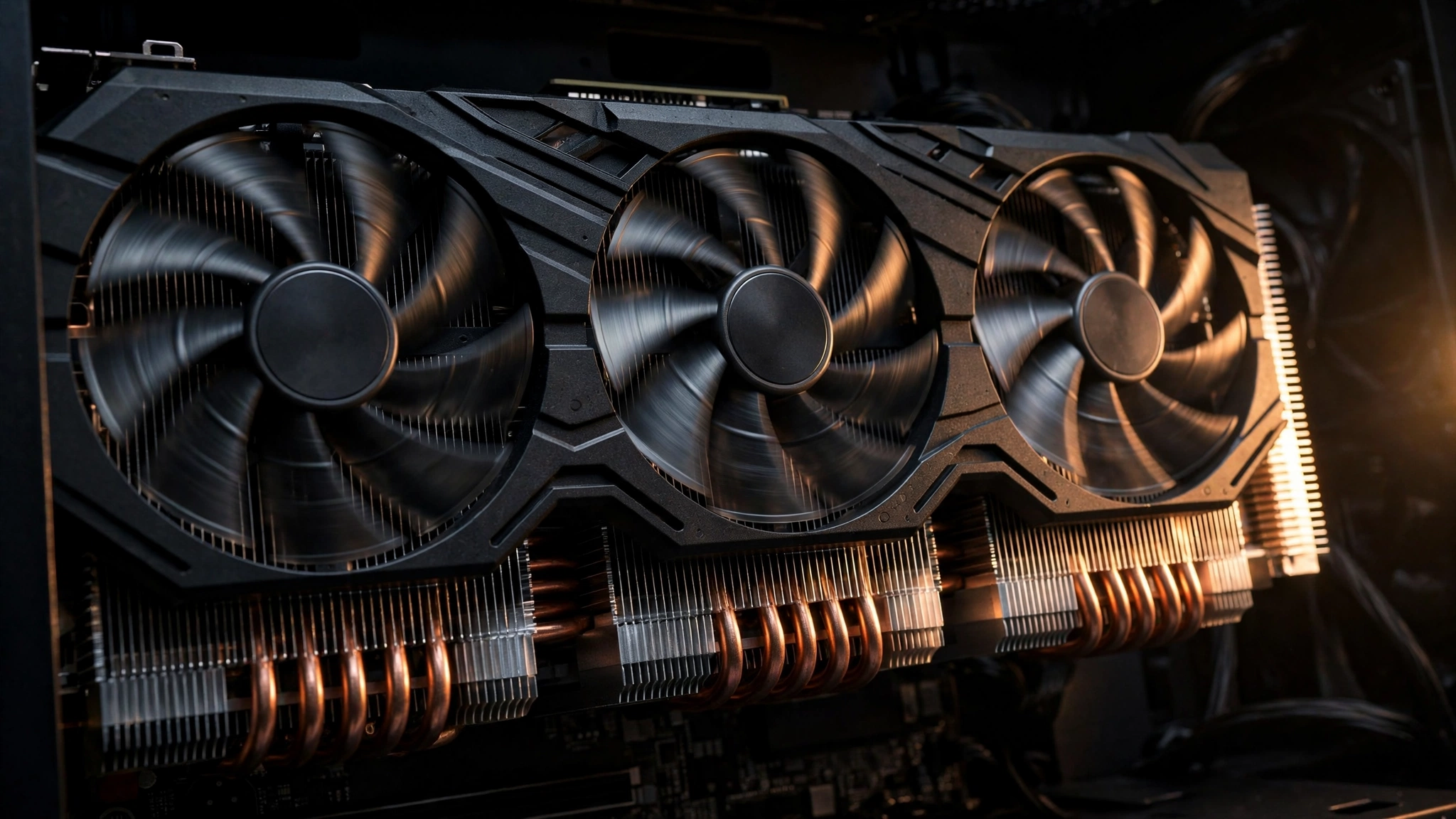 Triple-fan graphics card cooler close-up for RTX 5070 Ti class GPU pairing