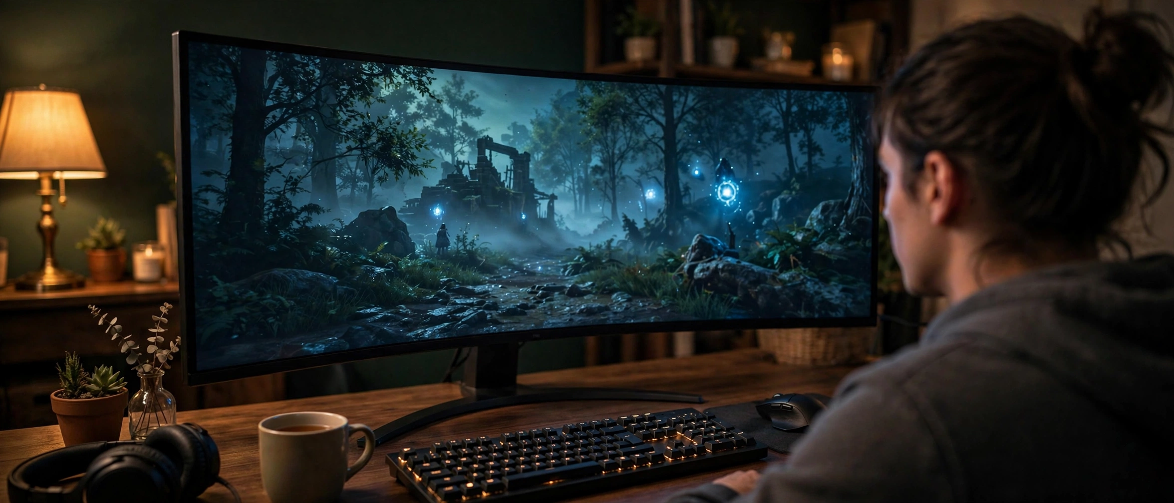Gamer playing on a 1440p ultrawide monitor paired with a Ryzen 7 7700X gaming PC