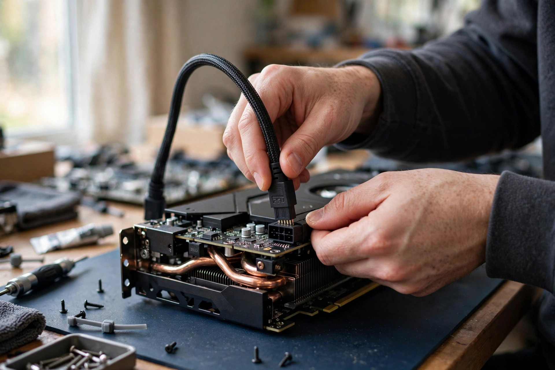 Close-up of GPU power connectors and braided PSU cables being installed on a graphics card