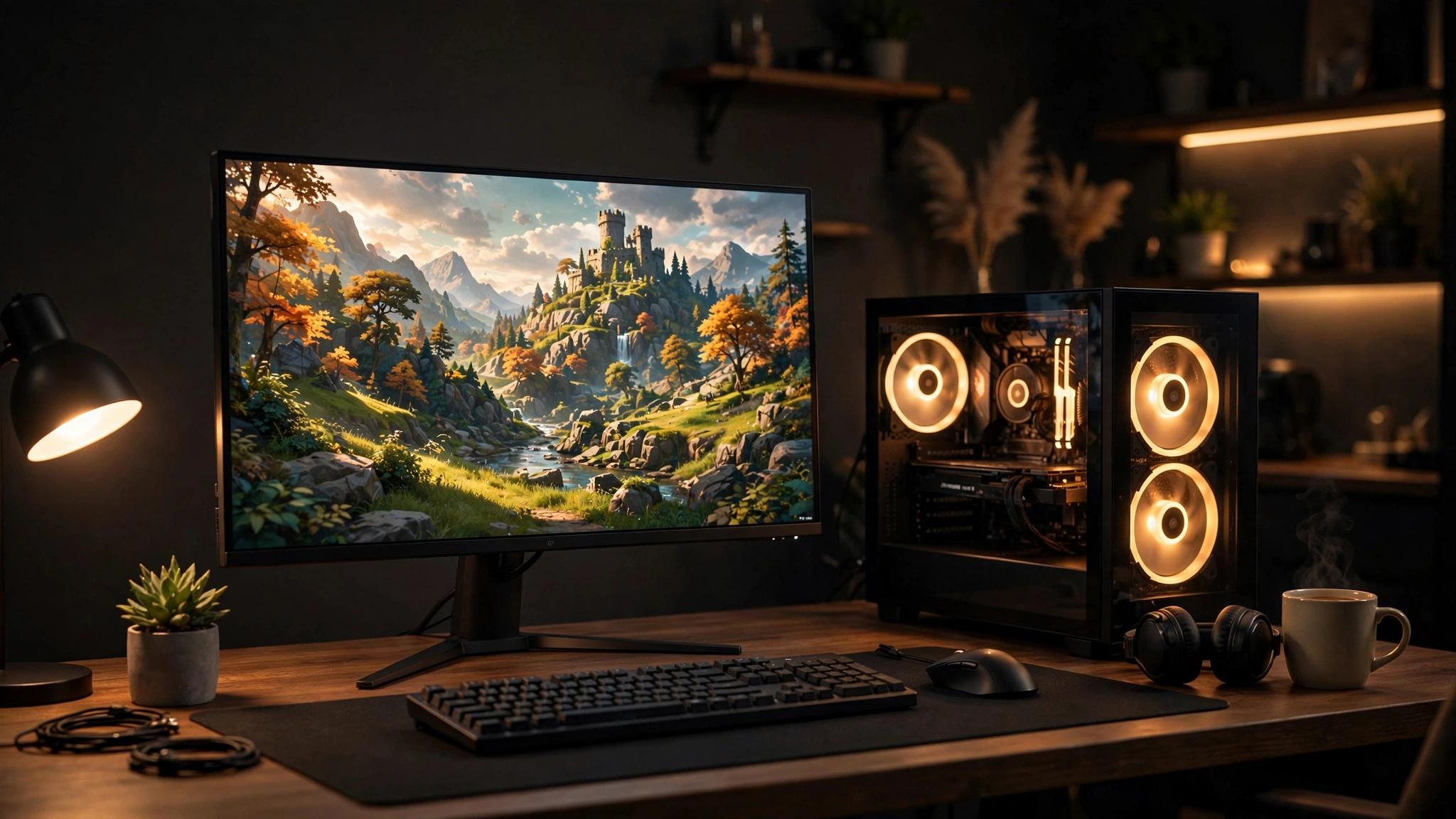 1440p gaming battlestation with monitor and gaming PC paired with Ryzen 7 9700X
