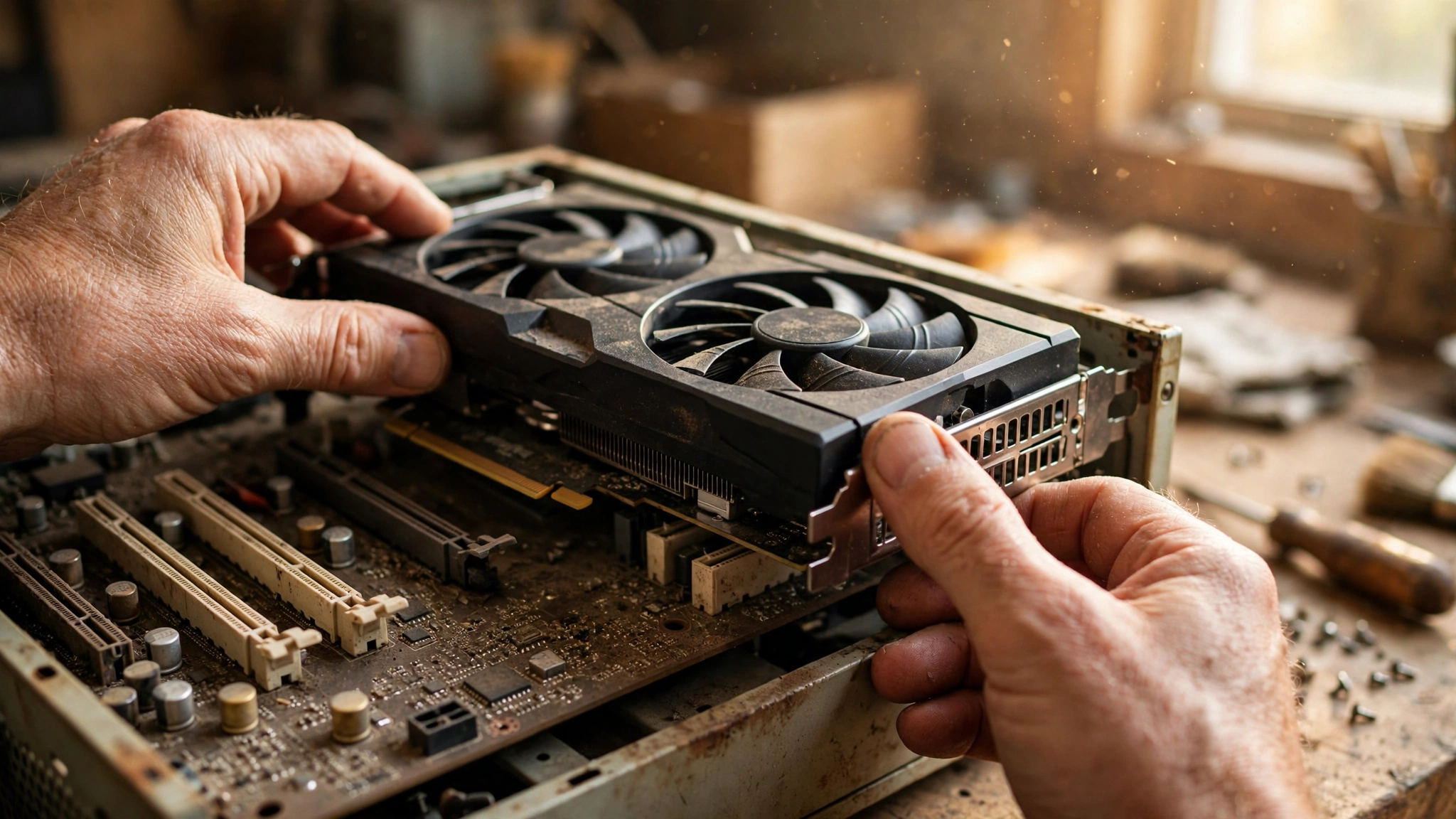 Installing a modern graphics card into an older motherboard during a PC upgrade
