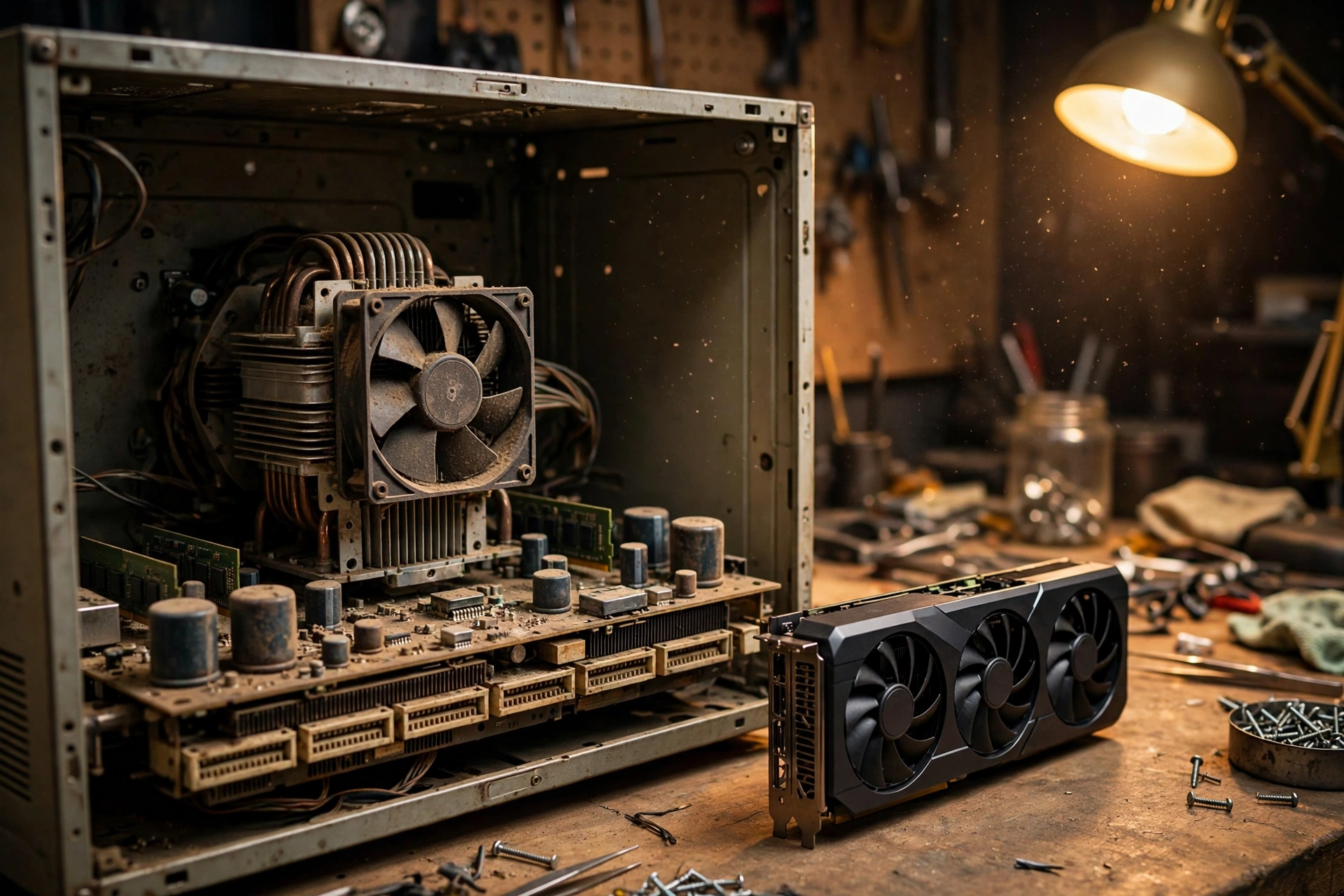 Vintage motherboard and CPU cooler next to a modern graphics card