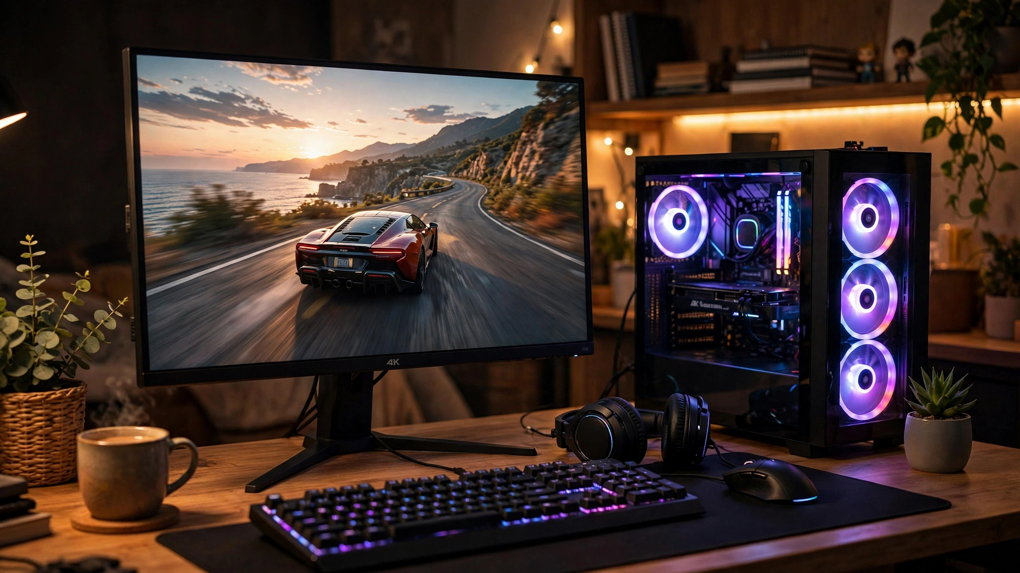 4K gaming monitor displaying a racing game next to an RGB gaming PC tower