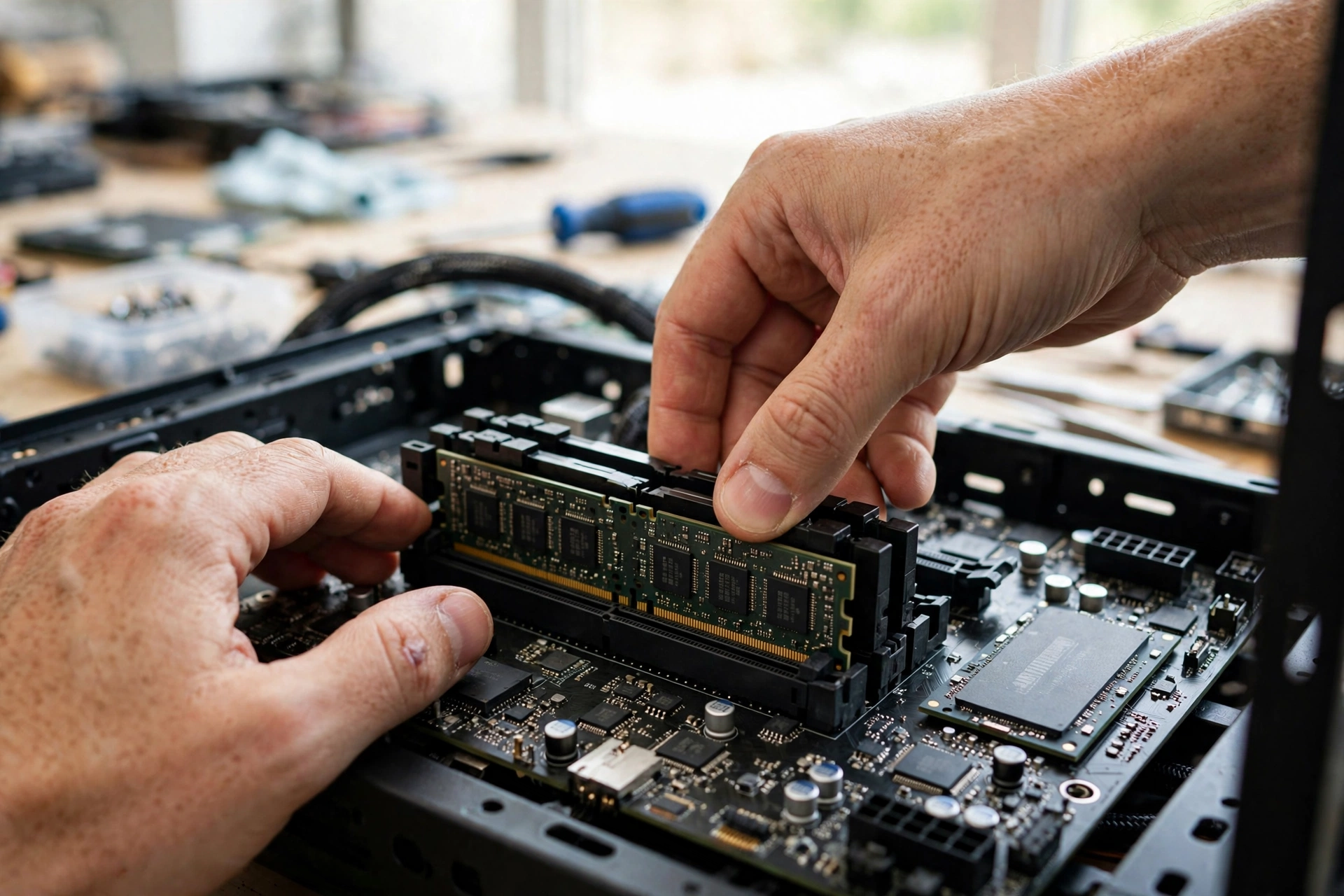 Hands installing a desktop RAM memory stick into a motherboard DIMM slot