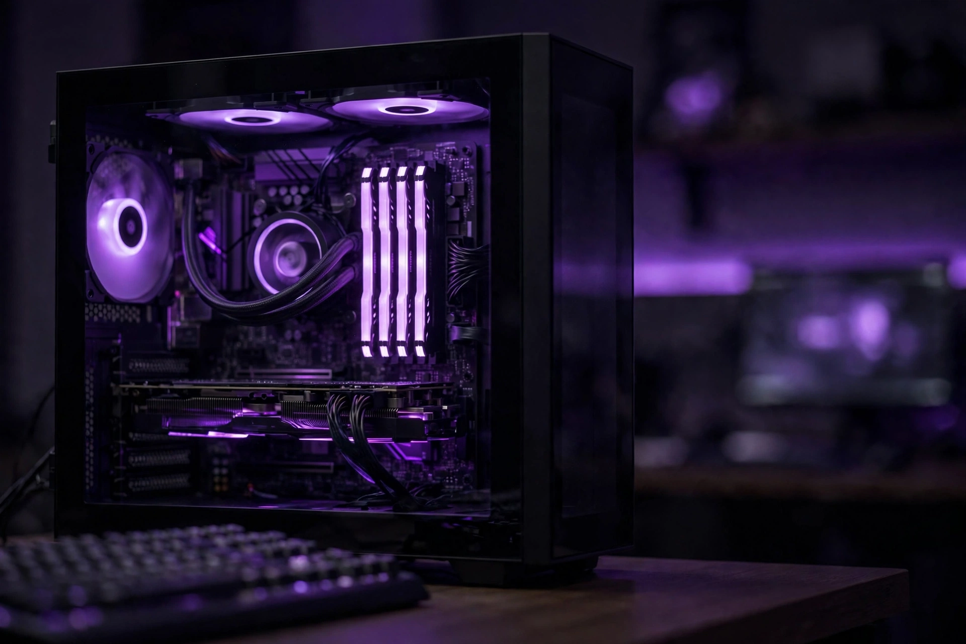 Gaming PC with purple RGB lighting and RGB RAM sticks installed on the motherboard