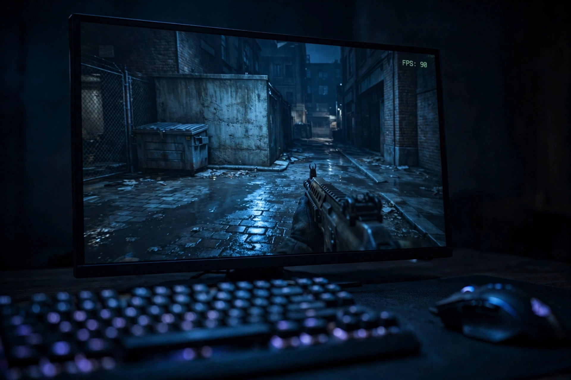 Gaming monitor showing 90 FPS counter during a first person shooter match for MW4
