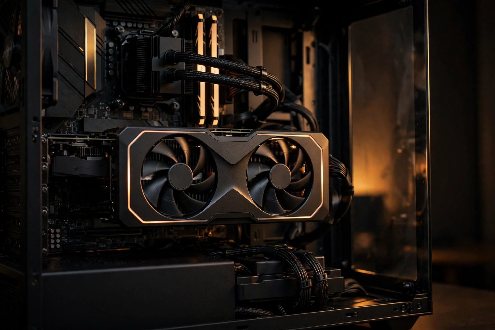 Open gaming PC case with dual fan graphics card ready for Modern Warfare 4