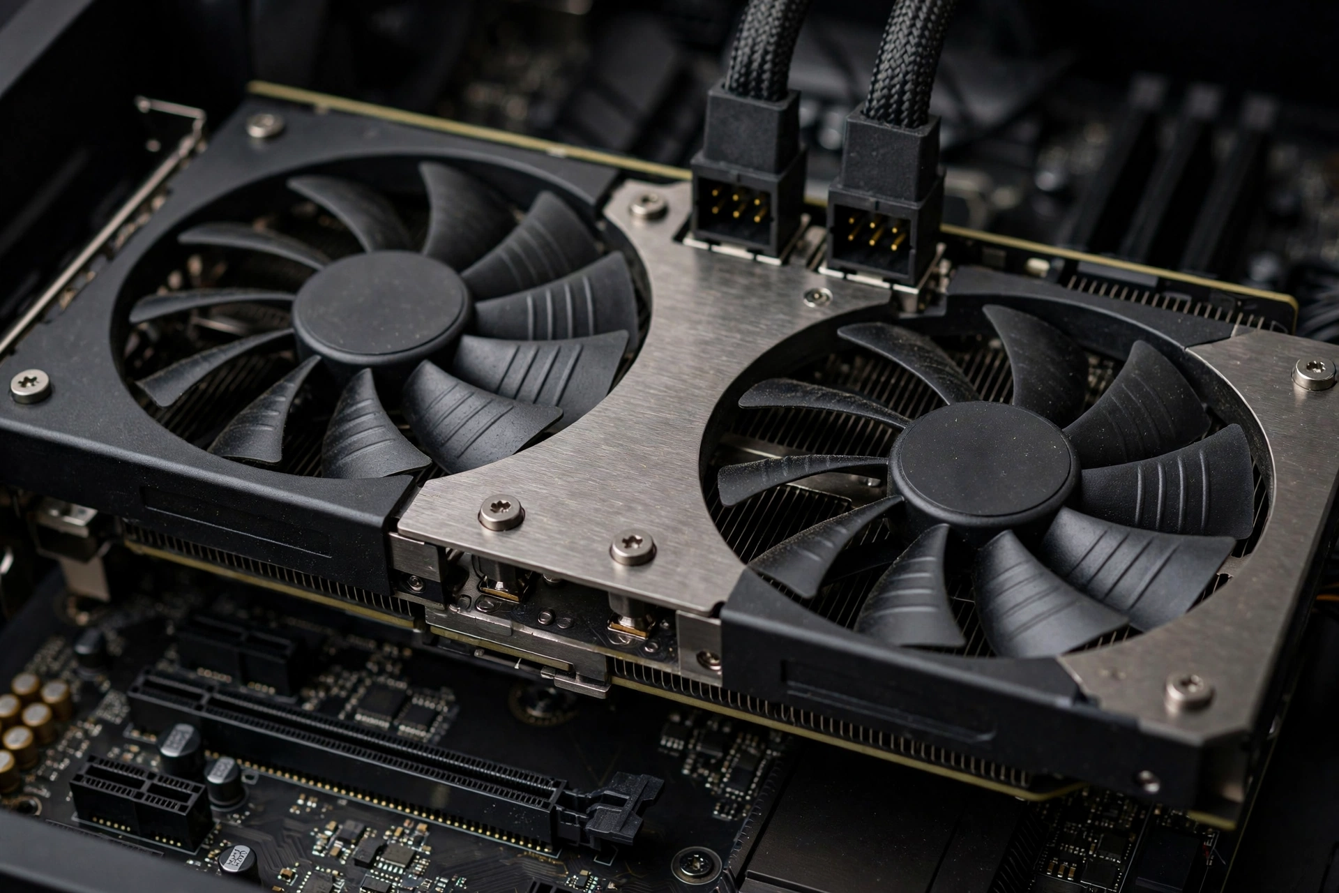 Close-up of a graphics card installed in a motherboard PCIe slot during a 1440p gaming PC build