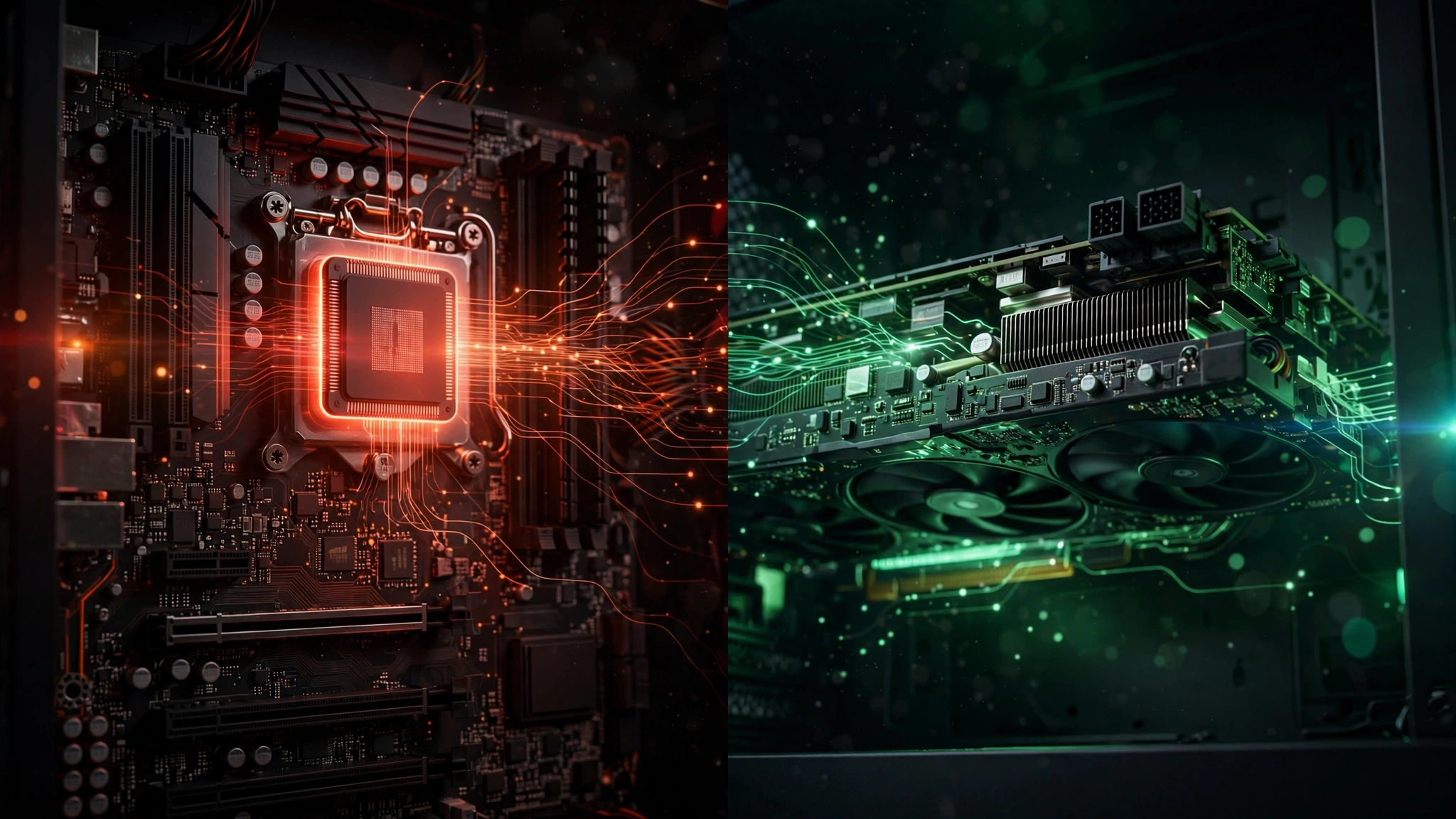 Split illustration showing the CPU side and GPU side of a gaming PC
