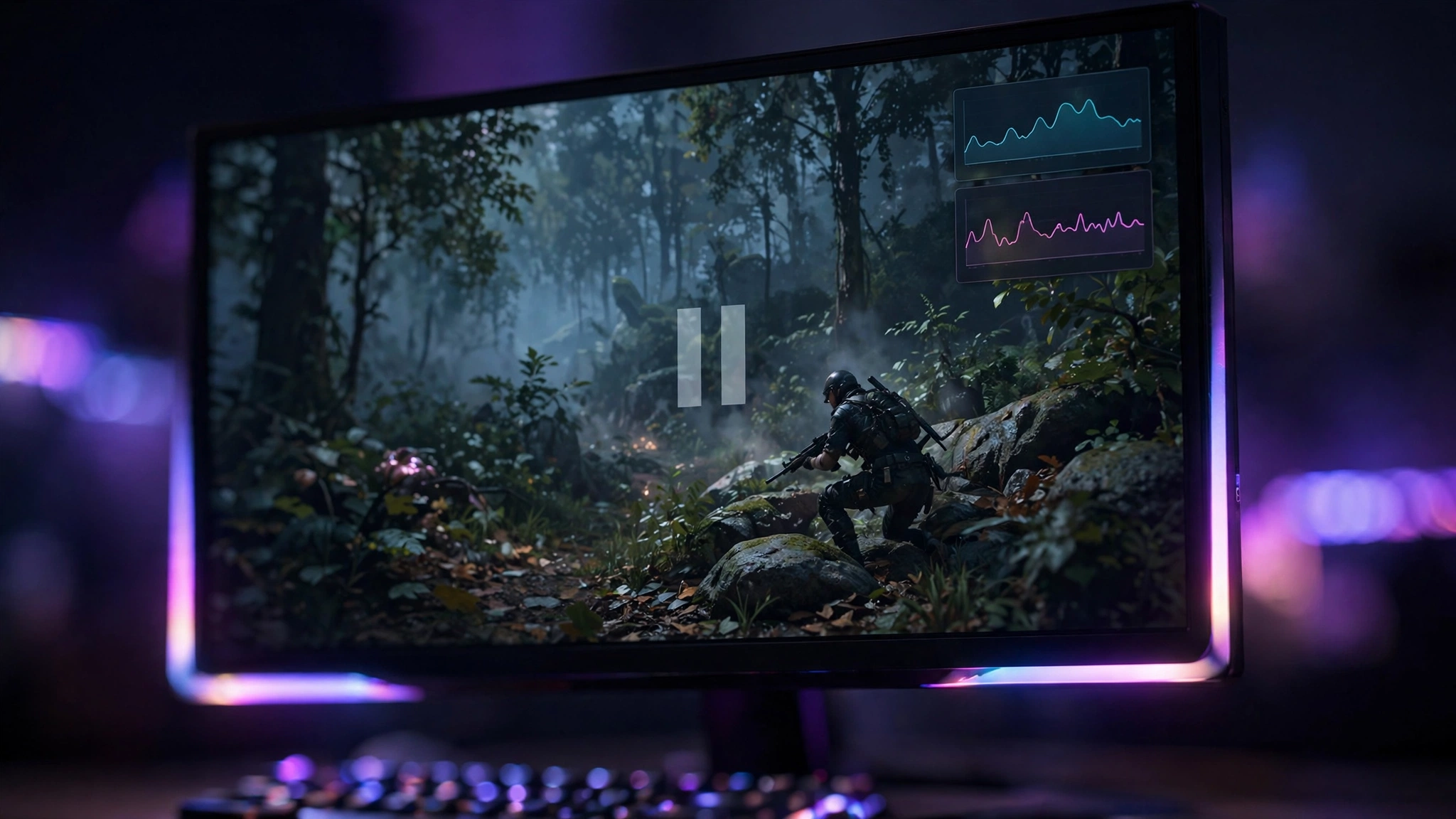 Hardware monitor overlay showing CPU vs GPU usage percentages on a gaming screen