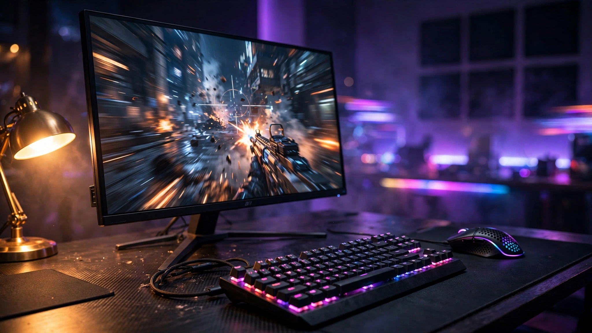 Esports gaming desk setup with a 240Hz monitor, mechanical keyboard, and gaming mouse from a side angle