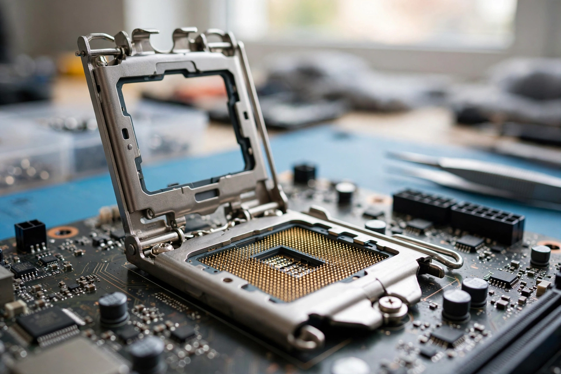 Close-up of an open LGA CPU socket on a motherboard before CPU installation