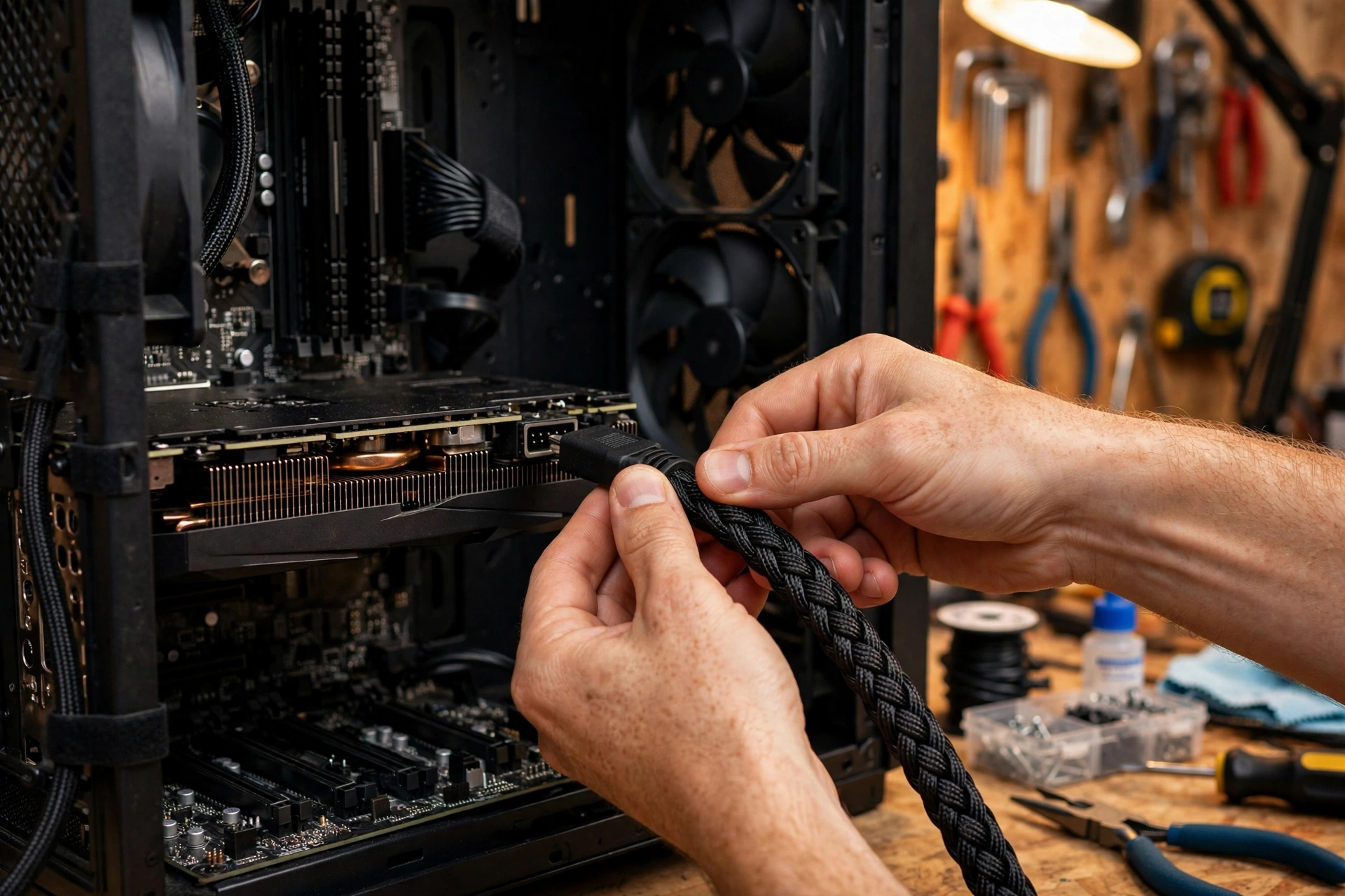 Builder connecting a braided power cable to a graphics card inside a PC case
