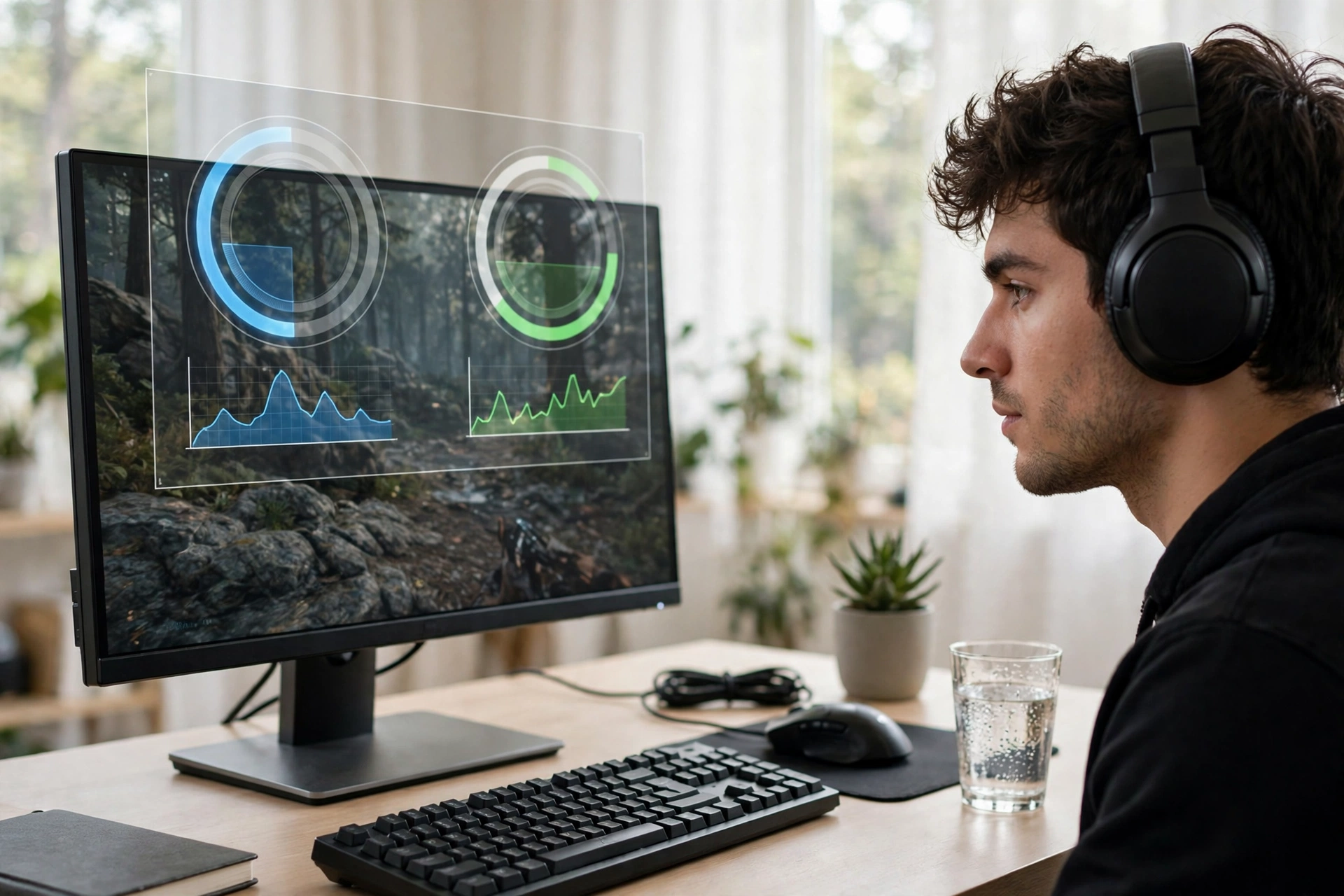 Gamer checking CPU and GPU usage on a monitor while playing a game