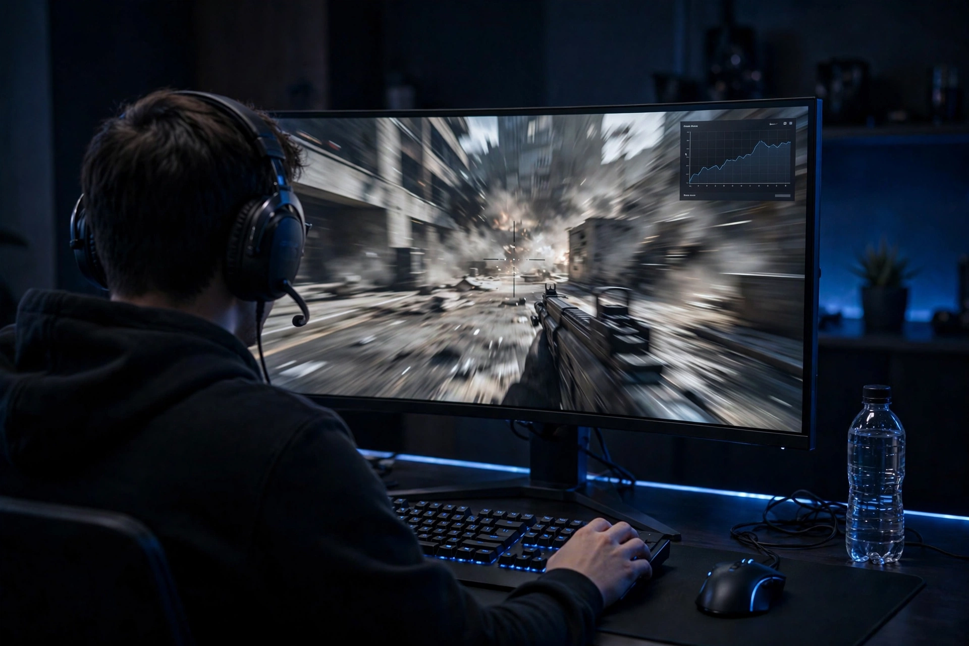 Esports gamer playing a competitive shooter with an FPS performance overlay on the monitor