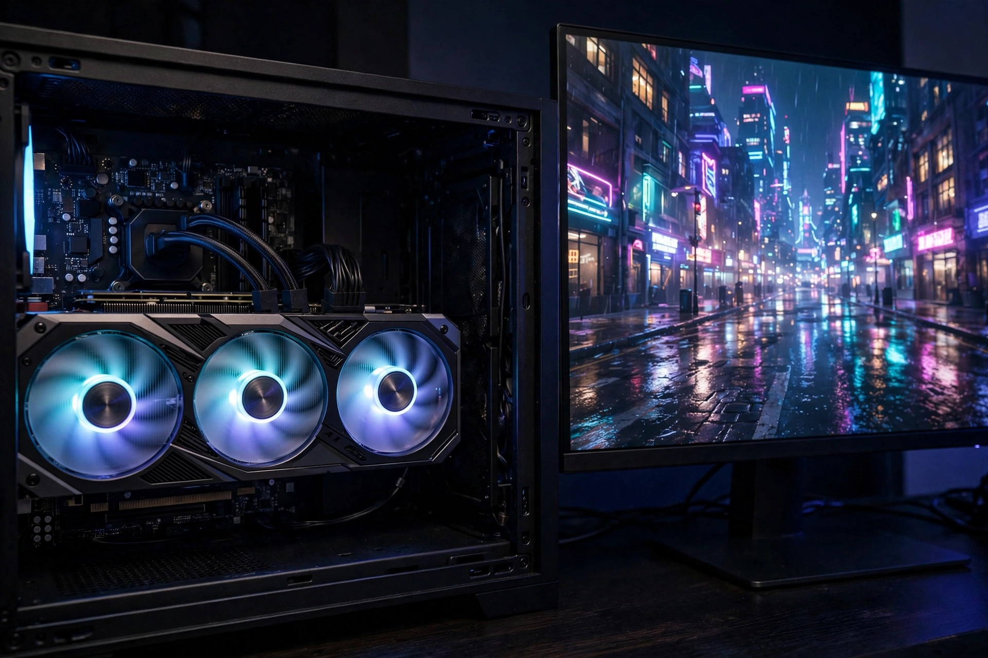 High-end graphics card rendering a ray-traced neon city game scene on a monitor