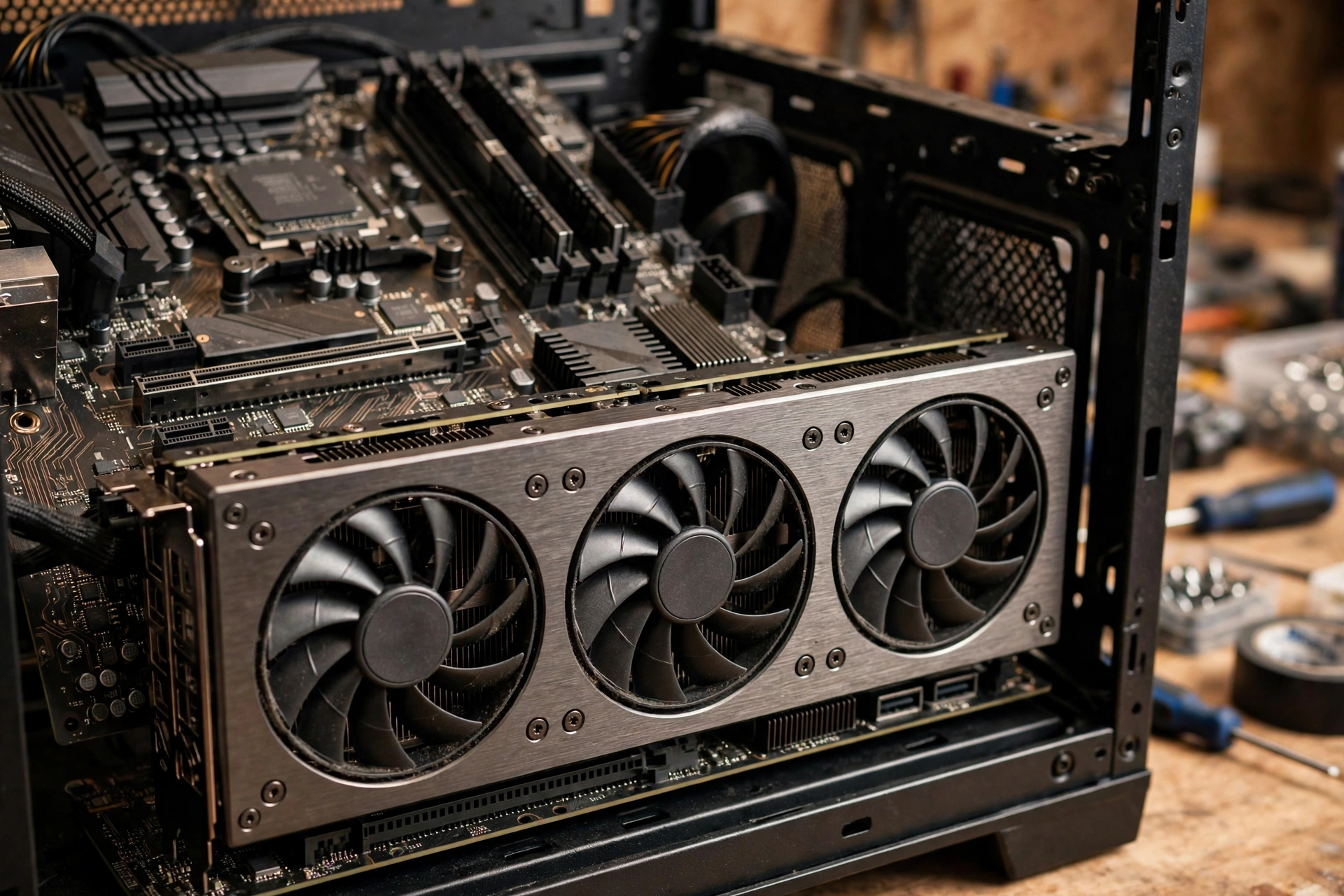 Graphics card installed in motherboard PCIe slot for GPU accelerated video editing
