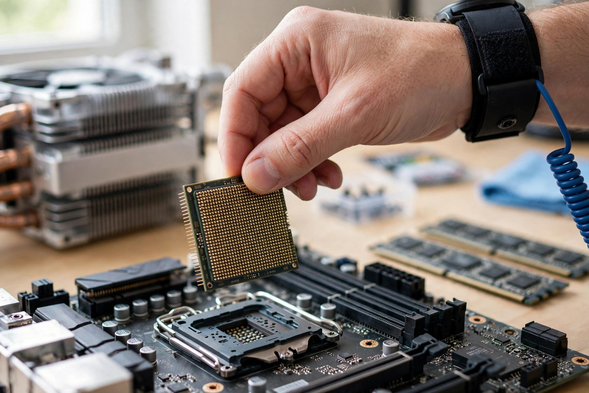 CPU being installed into motherboard socket for a video editing PC build