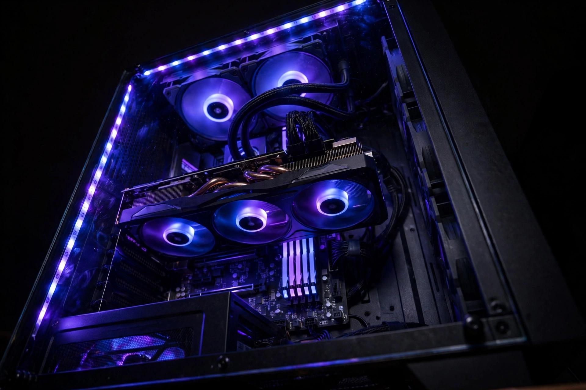 High end workstation PC with glowing graphics card used for DaVinci Resolve hardware monitoring