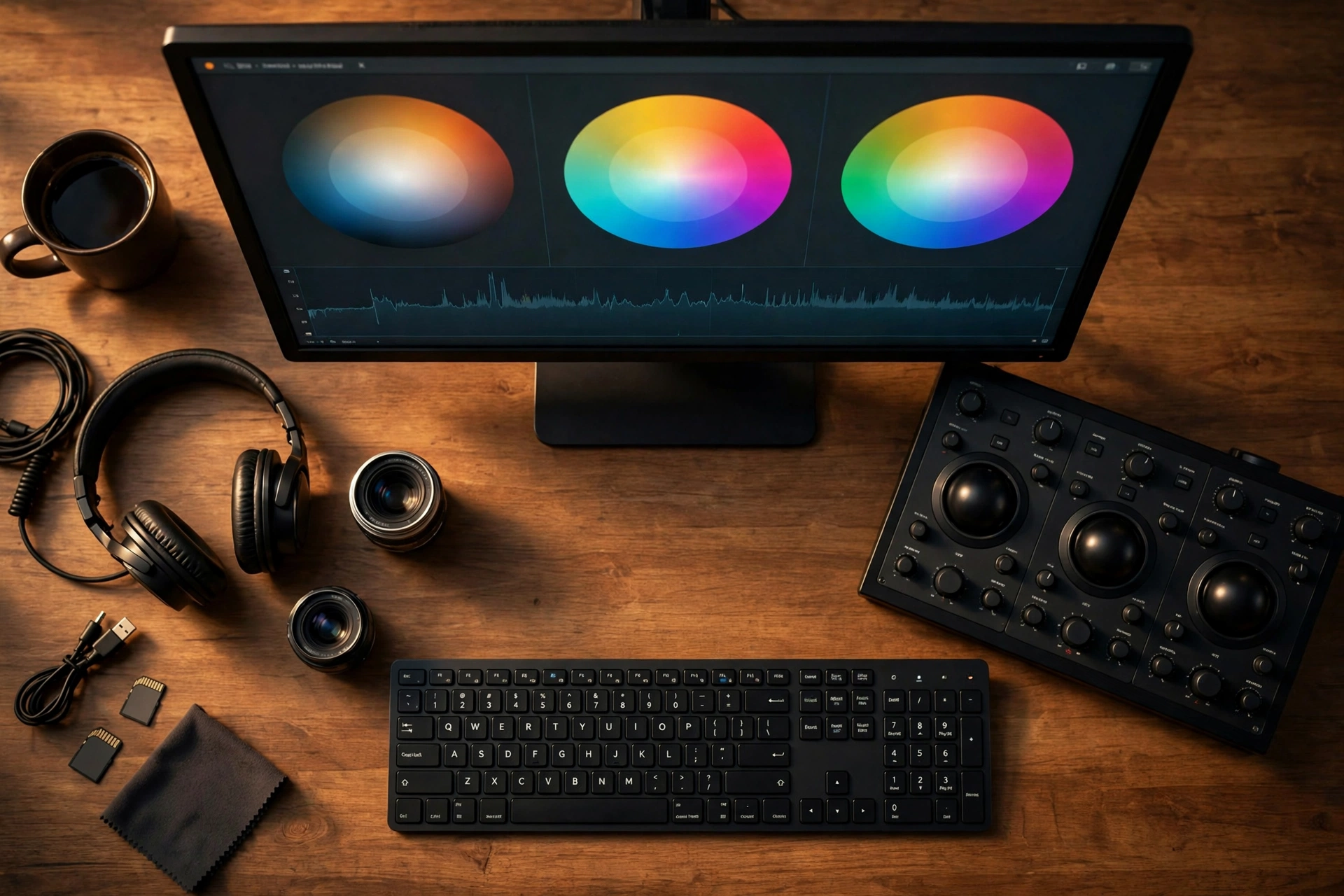 Video editing desk with color grading panel and monitor showing color correction wheels