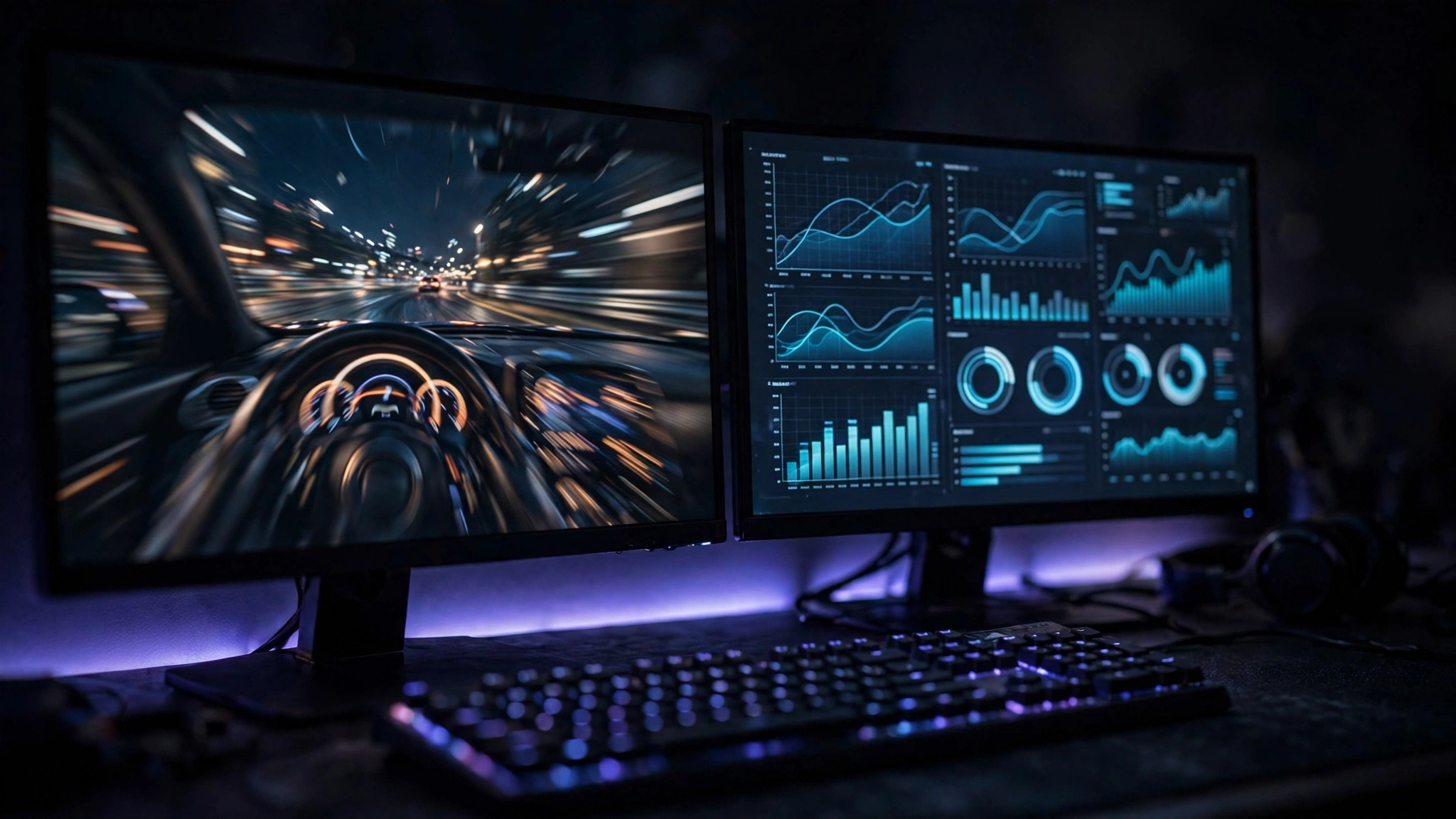 Gamer's desk with dual monitors showing a game and CPU GPU usage graphs for bottleneck diagnosis