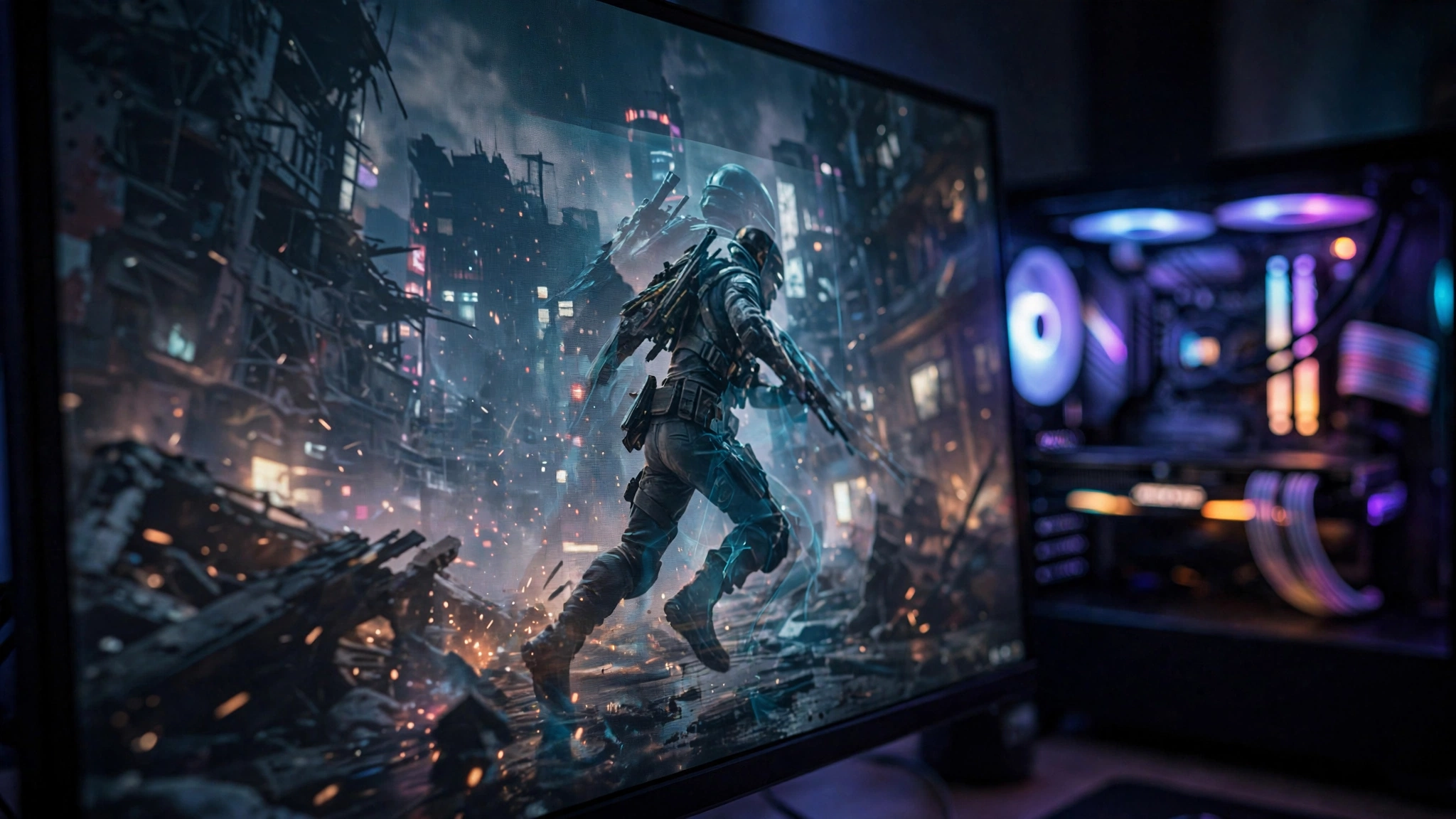 Gaming monitor demonstrating DLSS frame generation interpolation concept in a CPU limited game