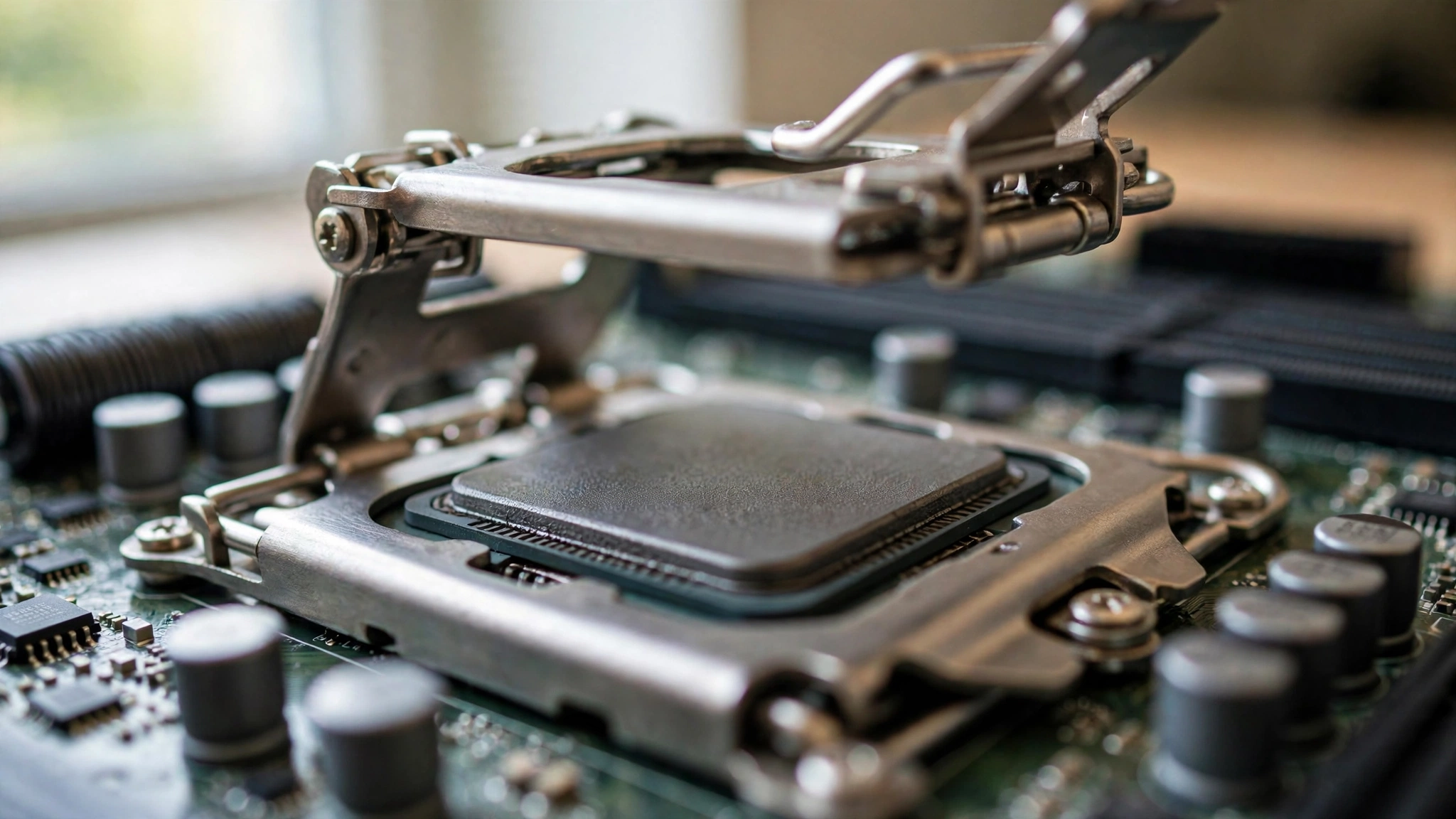 Intel Core i5-12400F installed in an LGA1700 motherboard socket close up