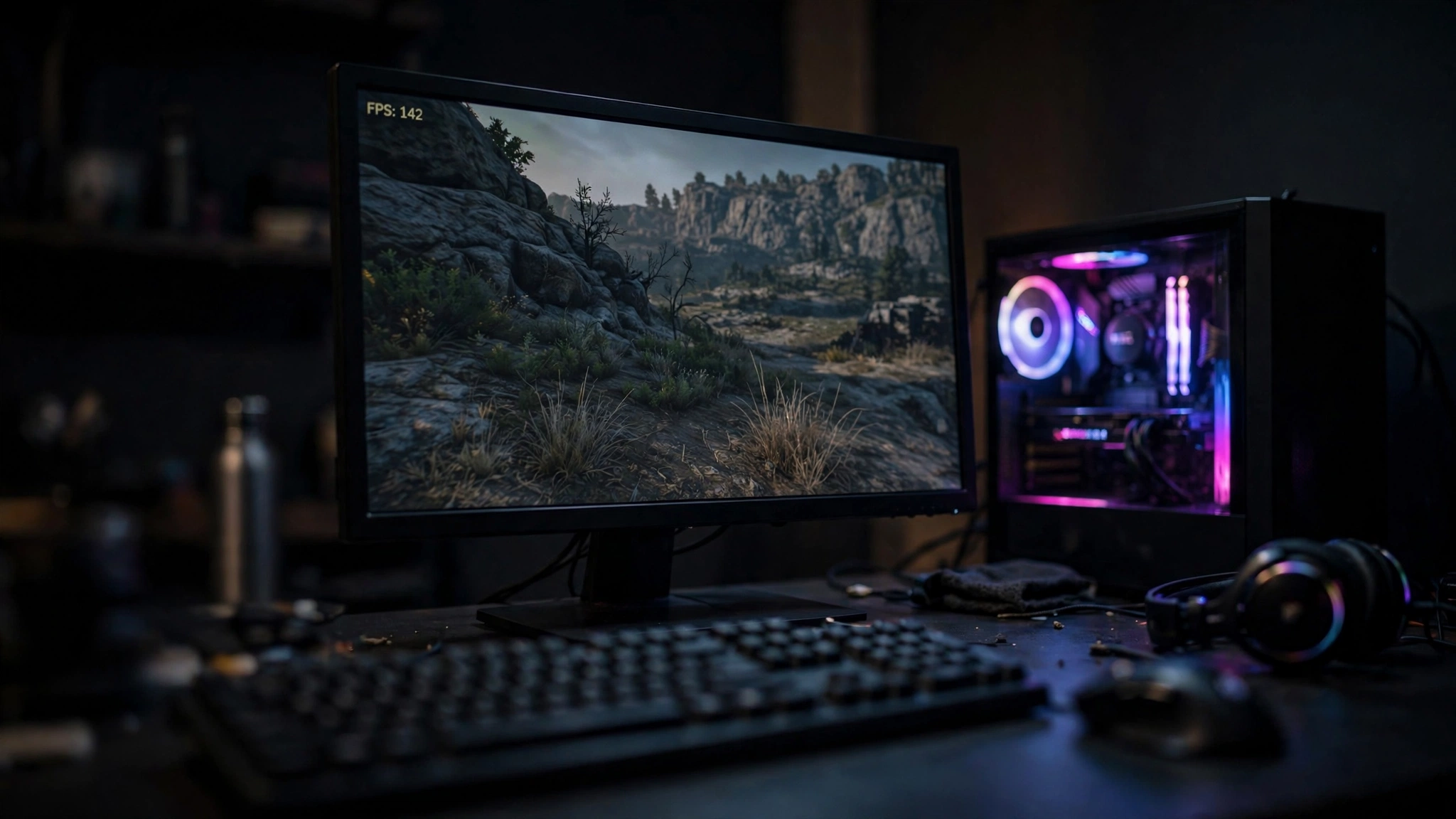 Gaming monitor showing an FPS counter while testing an i5-12400F and RTX 4060 Ti at 1440p
