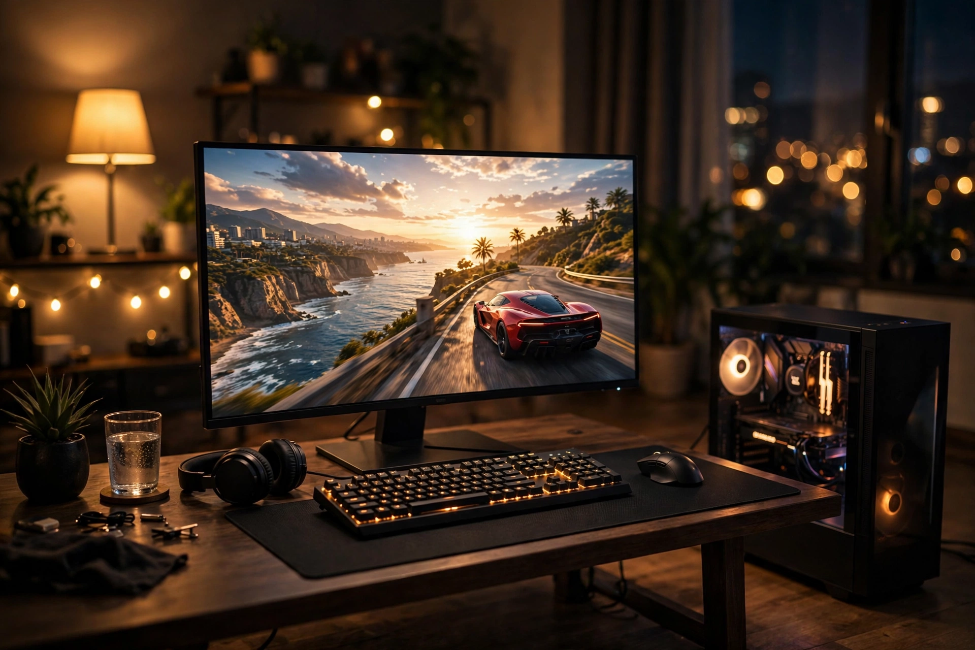4K OLED gaming setup running a high-end PC game, the resolution class the RTX 5080 is built for
