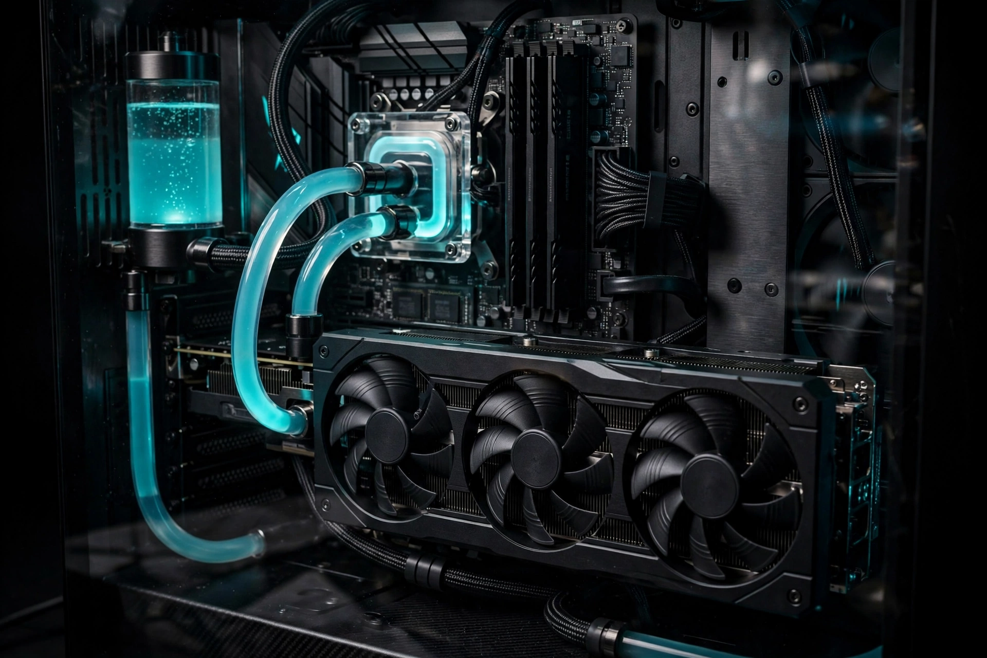 Liquid-cooled high-end gaming PC interior with a large triple-fan graphics card