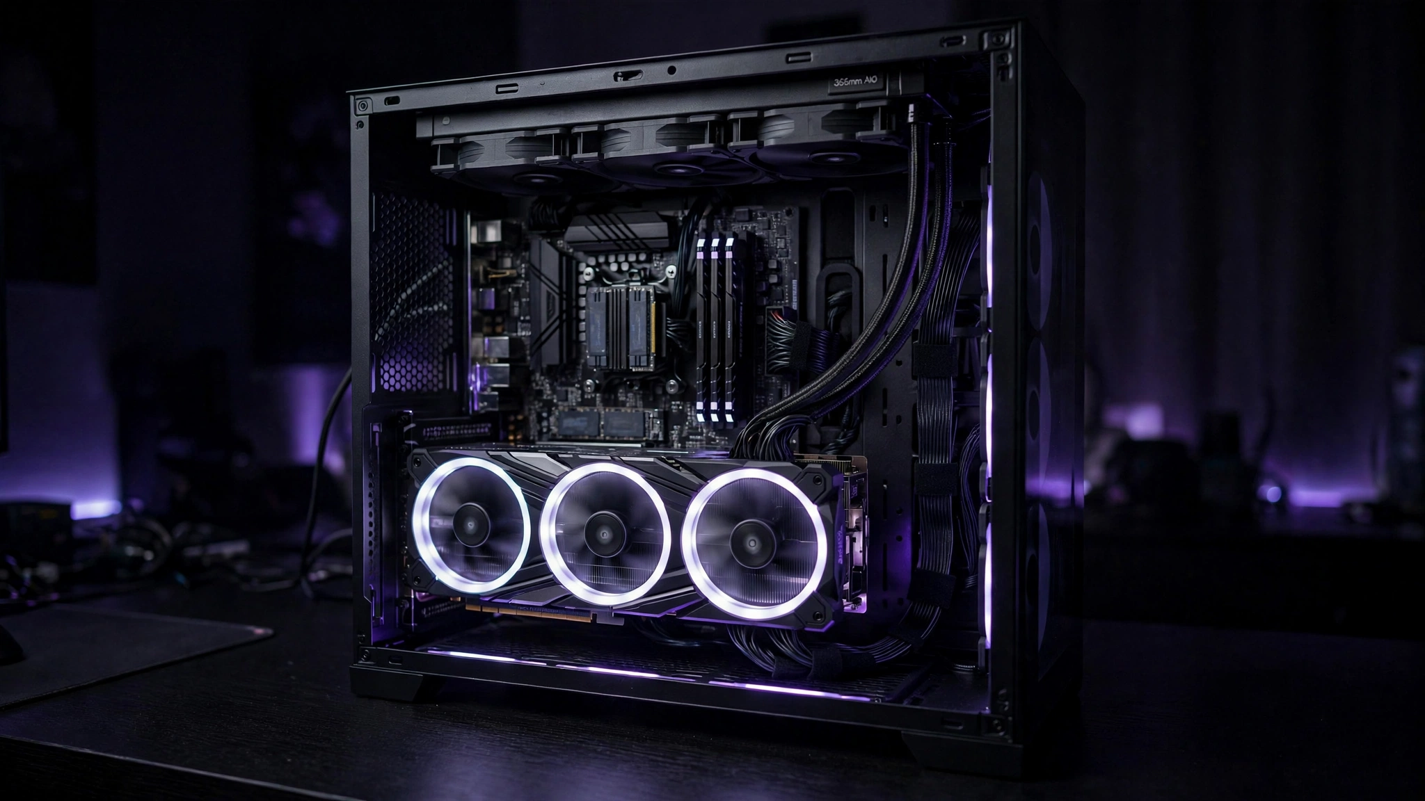 Gaming PC build with triple-fan RTX 5070 Ti graphics card installed in tempered glass case