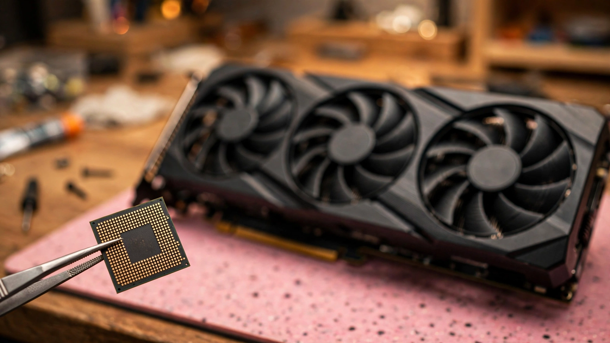 AMD Ryzen processor and triple-fan RTX graphics card prepared for installation on a workbench
